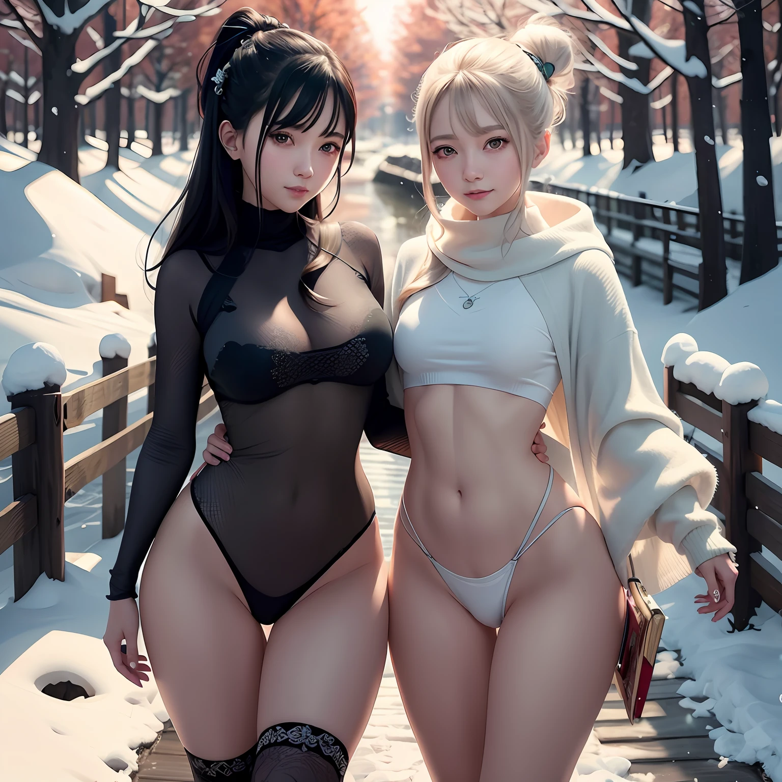 Two women in dresses pose in the snow of the park, Guviz-style artwork, trending on cgstation, wlop and ross thran, WLOP and Sakimichan, Guviz, inspired by Wang Duo, Loish et WLOP, loish and ross tran, two beautiful anime girls, Two girls