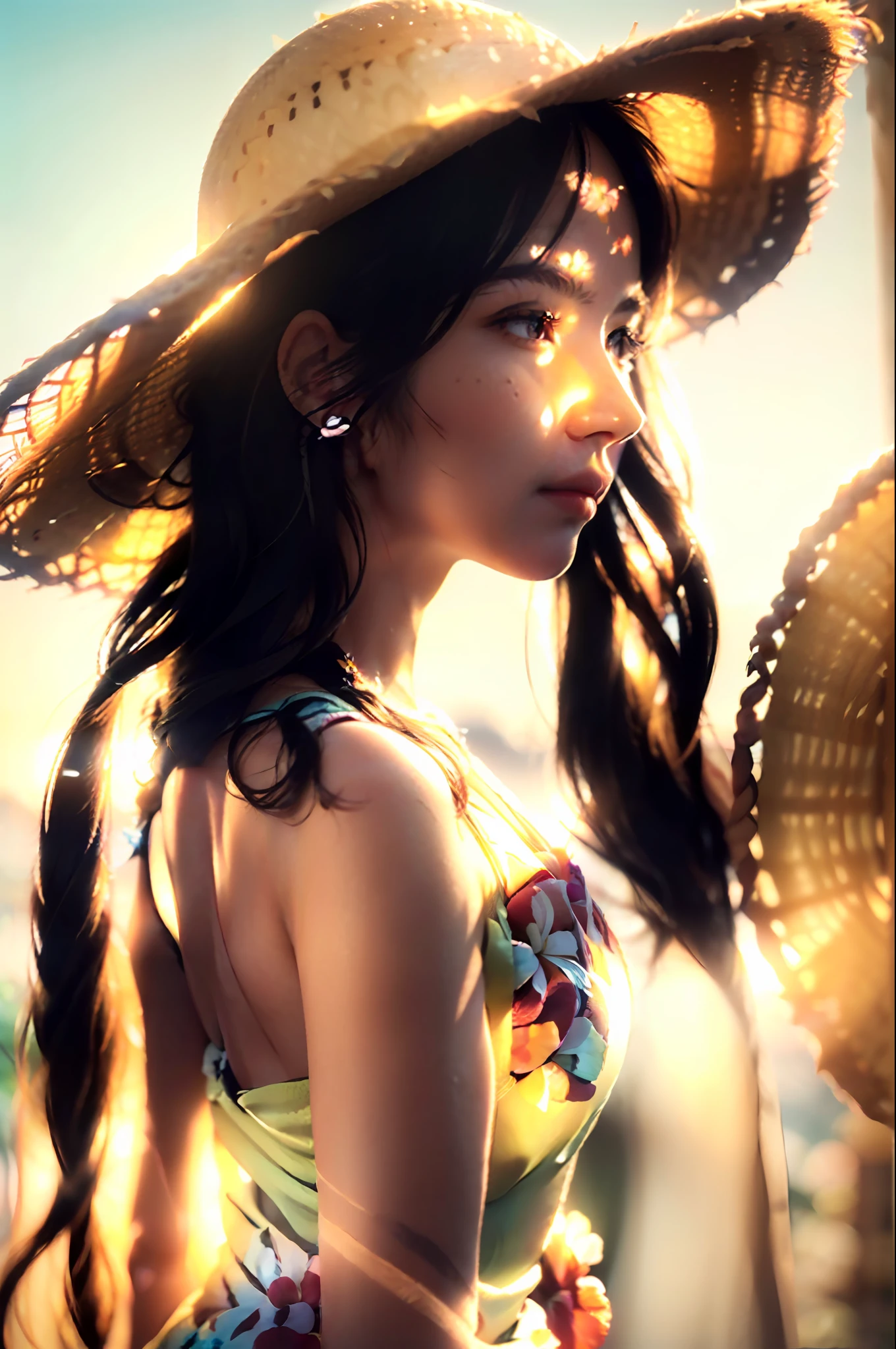 (extreme close up:1.5), (face focus:2),(Style of ???? ???:1.5),
((side face:2)),(1girl surrounded by soft_light:1.5), (backlighting:1.8), (lighting),(flowing fabric:1.3), ((Floral_summer_dress:1.5),(Straw_hat:1.3)),
(masterpiece), realistic, HDR, highly detailed, 8k, raw photo,
ambient occlusion, natural, harmonious composition, warm tones, fine art photography,