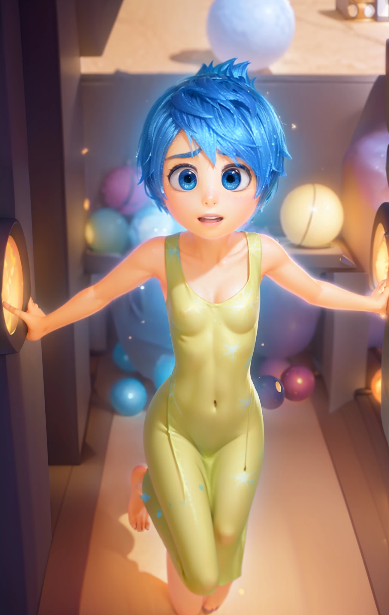 masterpiece, best quality, (Joy_InsideOut, yellow skin, ),  happy, green dress,  pixar, cartoon, 3d render, , (Naked:1.4), Nipples (Blushing:1.0), Detailed Face, Roadside, POV crouching, sfw,  (((joying_Inside out, yellow skin, blue eyes, blue pixie cut hair))), Happy, (((sleeveless lime green dress speckled with firework-style flowers print that goes to the knees))), Pixar, cartoony, 3D Rendering, small breasts, bare footed, Sunlight, (parted lips:1.4), (nose blush:1.2), foreshortening, blackcutoffs, (eye contact), high contrast, ultra high res, high resolution, detailed, breasts visible, Showing breasts, (cinematic lighting), ((high-angle view)), (half body shadow), [backlighting], [crepuscular ray], [detailed ambient light], [gray natural lighting], [ambient light on the belly], (higher wildlife feral detail), [explict content], [sharp focus], (questionable content), (shaded), Commission for High Res, detailed image, bright colors, detailed face, perfect lighting, perfect shadows, perfect eyes, girl focus, flawless face, gorgeous body, shiny body, center focus, gaze at the viewer, 1girl, solo, (masterpiece:1.21), (best quality:1.2), (illustration:1.2), (cinematic lighting:1.3), balanced coloring, global illumination, ray tracing, good lighting, cleavage, attractive body, sexy body, looking at viewer, SFW, portrait, happy expression, (((headquarters from inside out background, overall of purple hues interior, walls with numerous shelves with glowing spheres)))