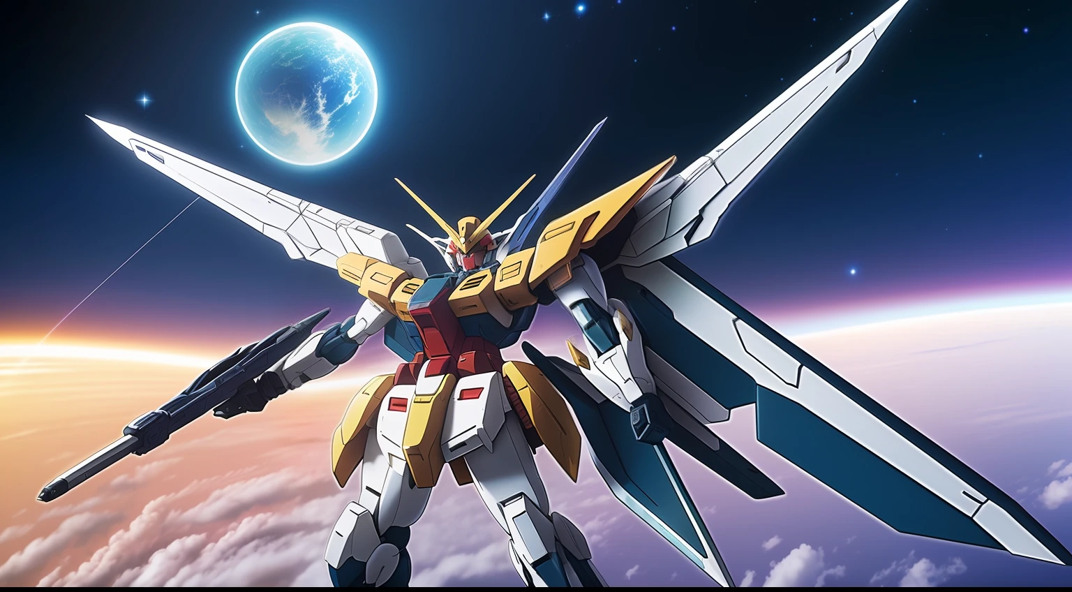 crie um Gundam Wing Endless Waltz na orbita terrestre vom desing realista --auto