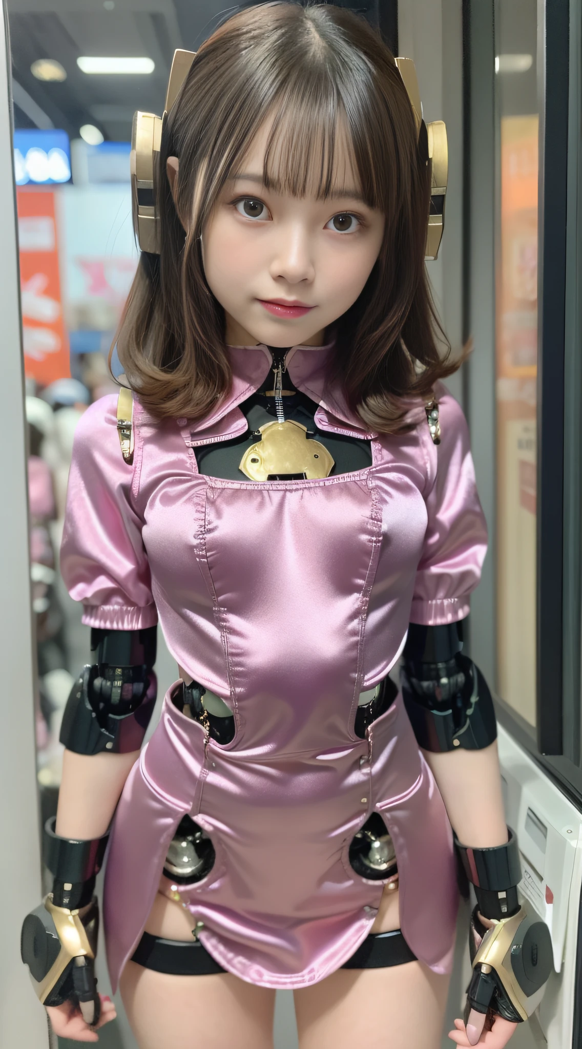 (Photorealsitic:1.4)、Onegirl、(top-quality),(hyperdetailed face)、(Super well-formed face)、((Robot Parts))、(Cyborg girl)、(gold)、(metalic)、(fullllbody)、(Moe Pose)、(Slender body)、(tits out)、(Model body type)、(mecha exposure)、(akihabara)、(is looking at the camera)、(A dark-haired)、(9Head and body)、(a small face)、(Idol)、(front facing)、(is standing)、(Photo session)、(Looks sad)、(Cyborg girl in pink satin dress)、(sleeve less)、(a miniskirt)、(corrupted)、(Mender)
