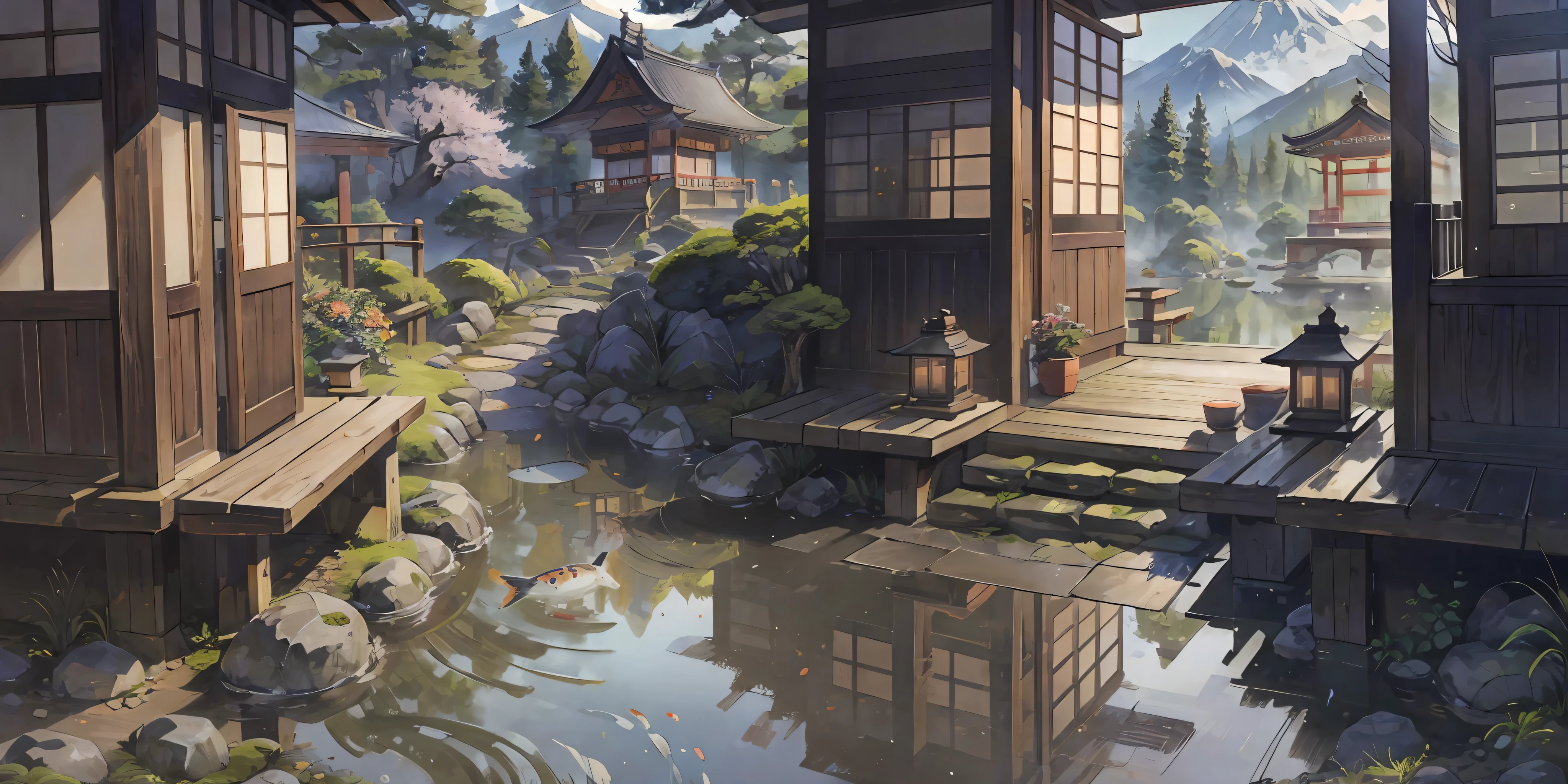 masterpiece, best quality, highly detailed background, side lighting, BREAK [(1girl, solo:1.5):1girl,solo:10], looking at viewer, traditional clothing, kimono, japanese clothes, kimono, wide sleeves, obi,wooden sandals, hairband, jade hair ornament, light blush, flat chest, BREAK serene forest, ancient shrines, moss-covered temple, stone lanterns, blooming cherry blossoms, tall cedar trees, early morning sunlight, calm stream, koi fish,  gentle breeze, distant mountains, cloud wisps, peaceful atmosphere