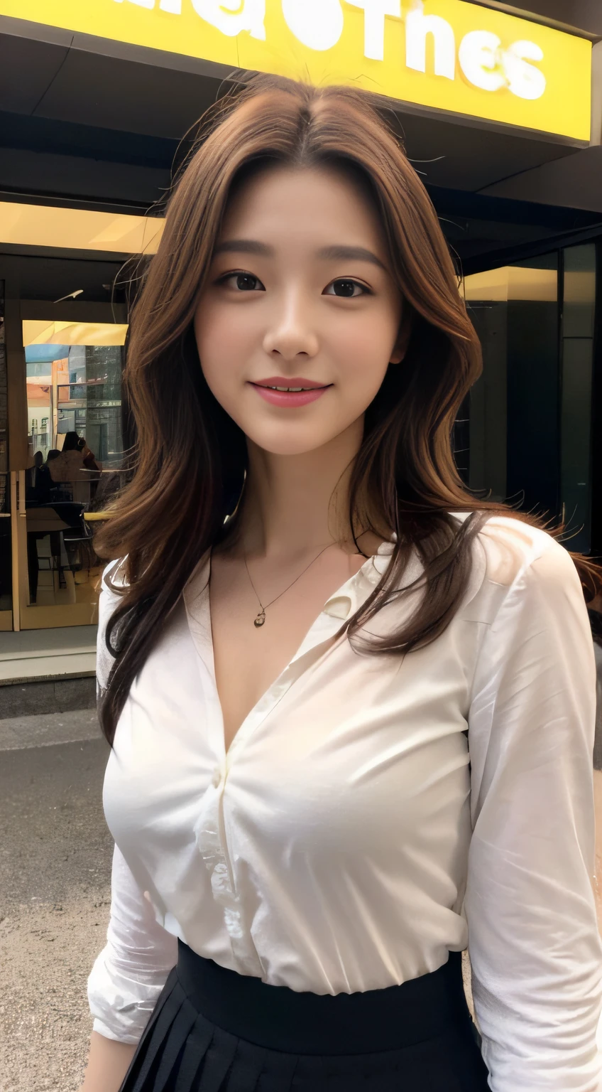 ((the night, 逼真光线, best qualtiy, 8K, tmasterpiece:1.3)), A tall and beautiful woman,Slender abs,Dark brown hair in loose wavy styling,(mideum breasts:1.2),Wear a pendant,white button-down blouse,obi strip,a black skirt,(Modern architecture in background),Beautifully rendered details in face and skin textures,Detailed eyes,二重まぶた,Natural eyes,ssmile