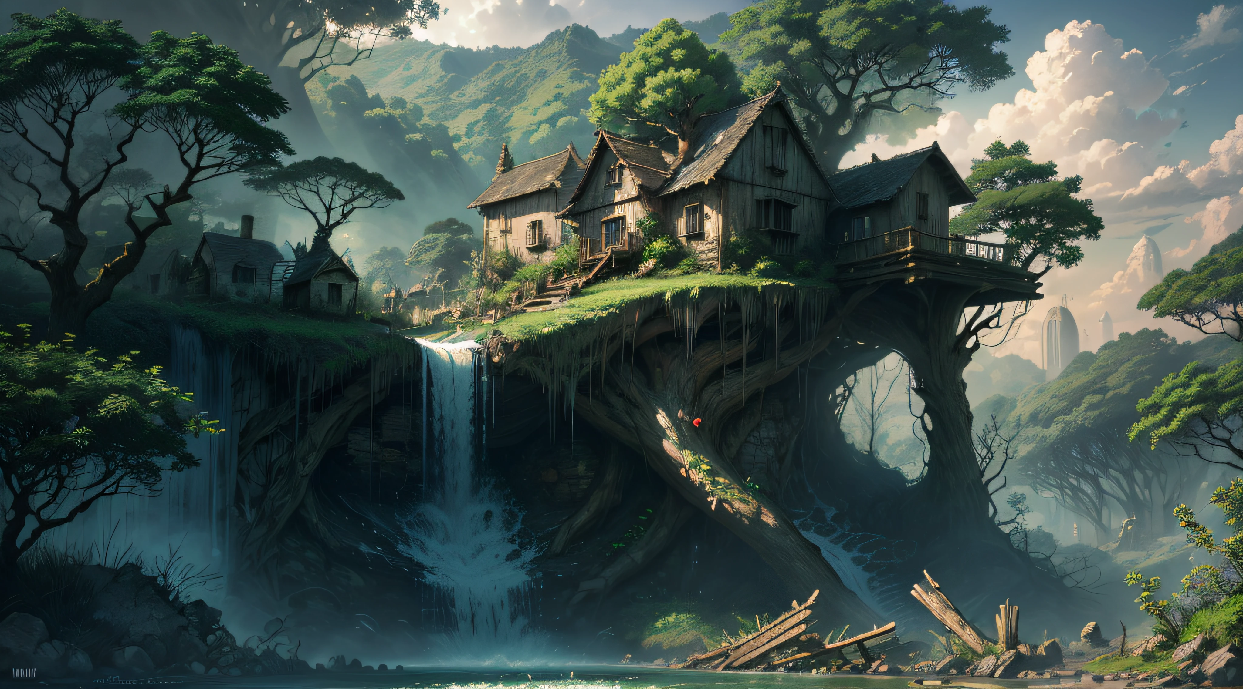 Gigantic colorful trees with many vines, palmeiras, coqueiro, fallen logs, a watermill with a waterwheel, moinho de vento, numa cachoeira exuberante, rio com grandes rochas hiper realista, sky with clouds, sol, lua, global ilumination, profundidade de campo,