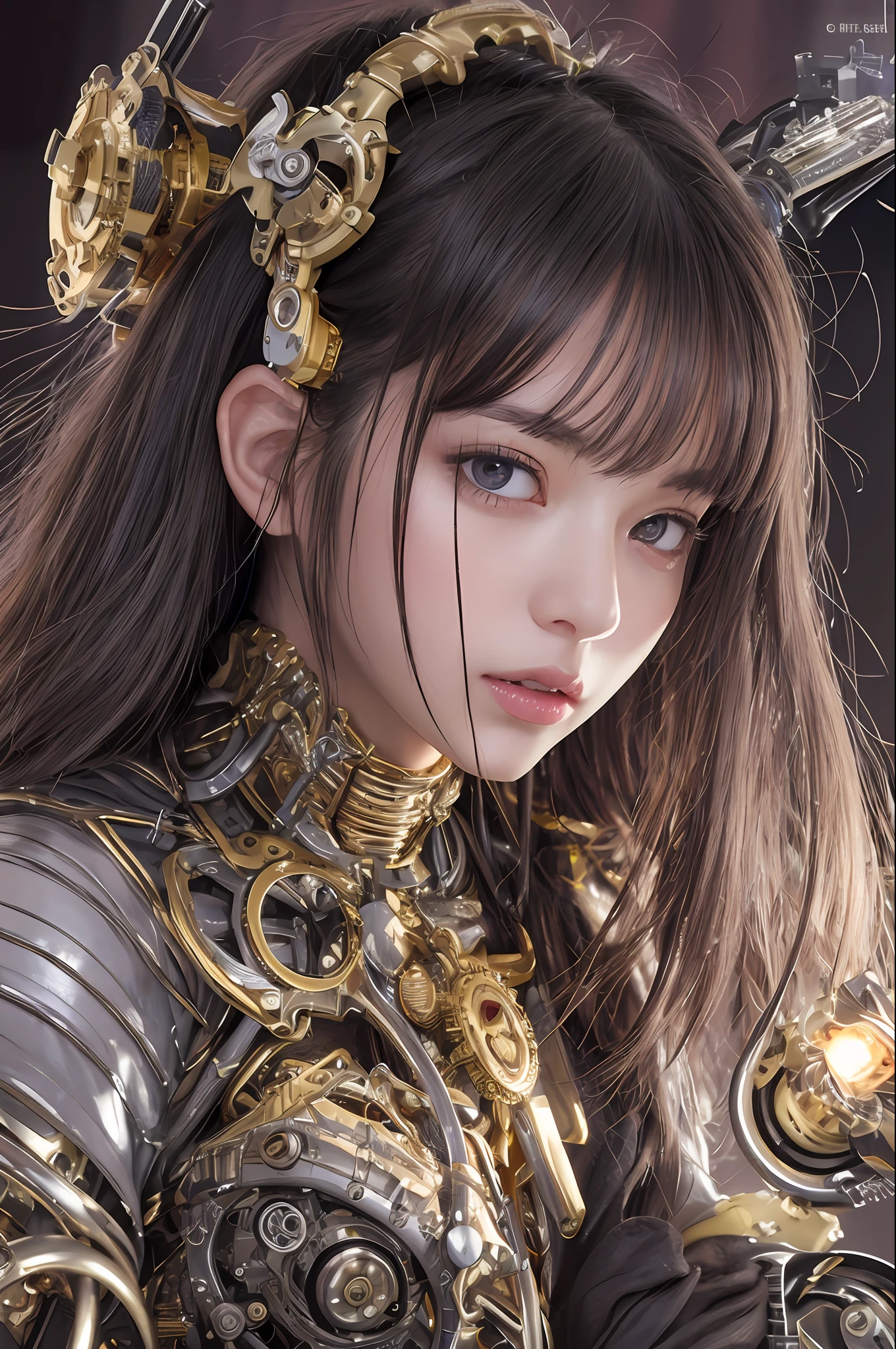 top-quality、masterpiece、超A high resolution、(Photorealsitic:1.4)、Raw photo、女の子1人、Black hair、glowy skin、1 Mechanical Girl、((super realistic details))、portlate、globalillumination、Shadow、octan render、8K、ultrasharp、character edge light,Colossal tits、Raw skin is exposed in cleavage、metals、Details of complex ornaments、Steampunk details、vacuum tubes、Nixie Kan、Oil pressure gauge、Glass Kan、Analog Meter、gear wheel、gear、Golden hydraulic cylinder、highly intricate detail、Realistic light、CGSoation Trends、a purple eye、radiant eyes、Facing the camera、neon details、Mechanical limbs、blood vessels connected to tubes、Mechanical vertebrae attached to the back、mechanical cervical attaching to neck、sitting on、Wires and cables connecting to the head、Evangelion details、Small LED lamp、