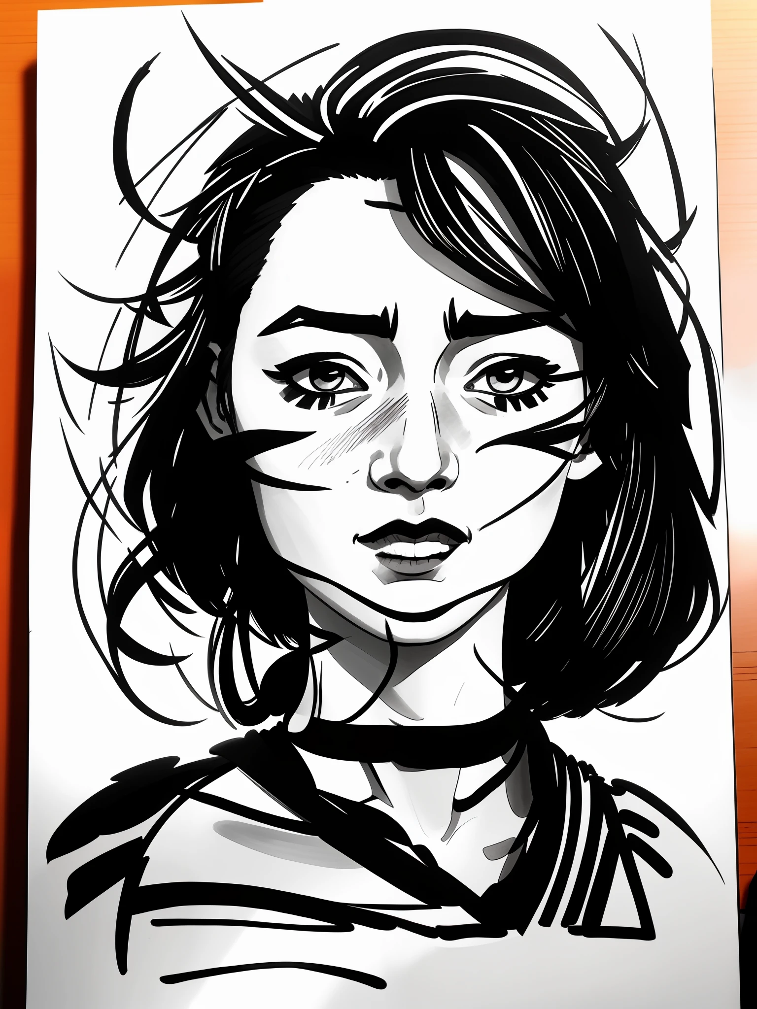 Draw a girl in a striped shirt and black and white striped shirt, cartoon portrait of, (ink mark), Ink sketch, Manhwa Style, ink pen sketch, Black and white sketch, quick sketch, anime portrait, Line sketch!!, face sketch, loose linework, sumi ink style, solo portrait 🎨🖌️, 2d portrait, face anime portrait