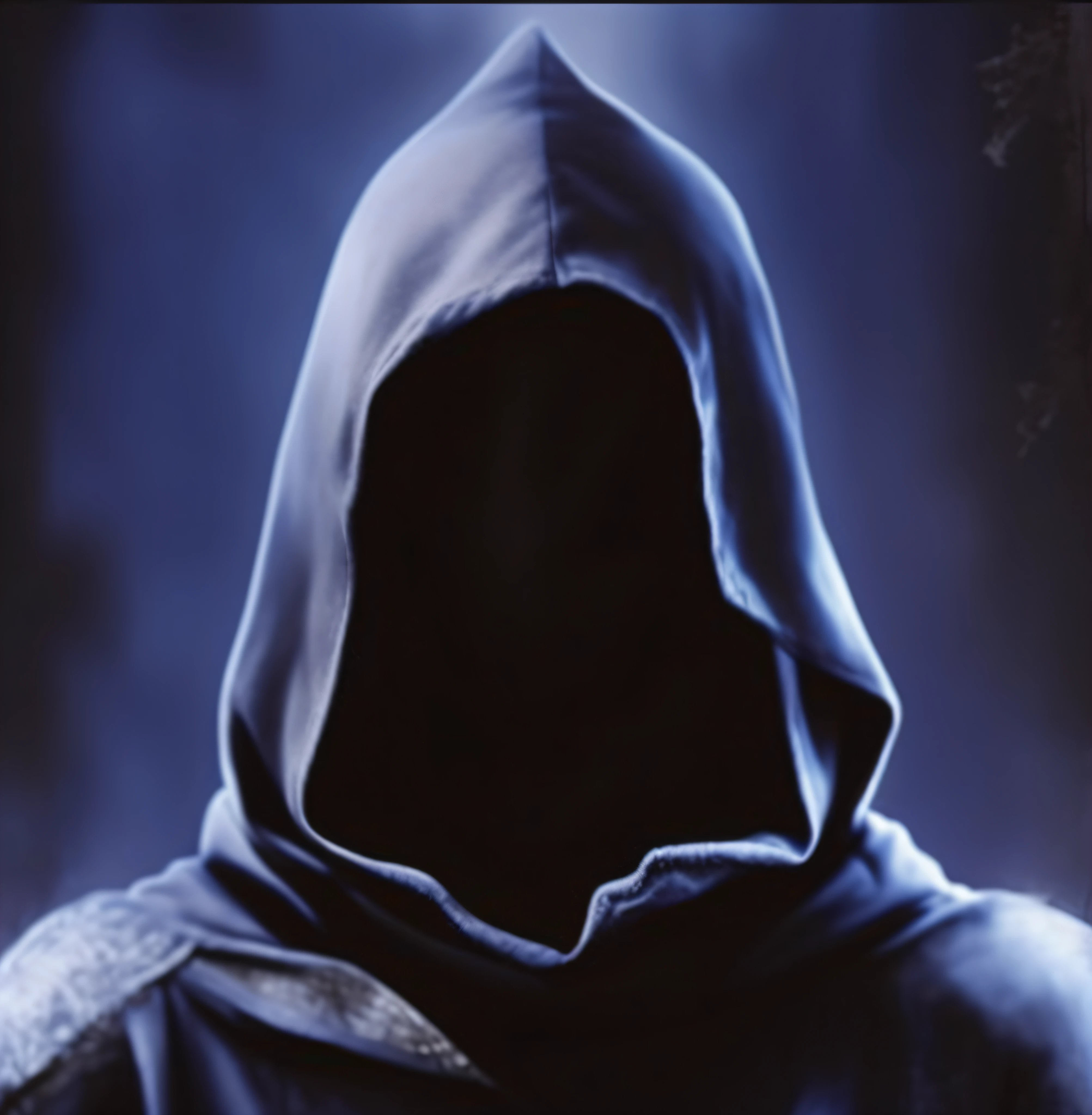 Arad masked man in dark hoodie, shrouded figure, dark cloaked figure, surreal hooded figure, shrouded figure, twisted god with no face, symmetrical cloaked figure face, hooded cloaked sith lord, obscured hooded person walking, Masked puppet in the distance, shrouded figure, mystical figure, Cloaked