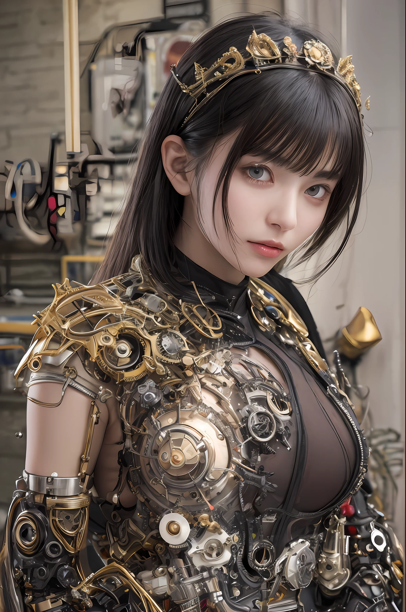 top-quality、masterpiece、超A high resolution、(Photorealsitic:1.4)、Raw photo、女の子1人、Black hair、glowy skin、1 Mechanical Girl、((super realistic details))、portlate、globalillumination、Shadow、octan render、8K、ultrasharp、character edge light,Colossal tits、Raw skin is exposed in cleavage、metals、Details of complex ornaments、Steampunk details、vacuum tubes、Nixie Kan、Oil pressure gauge、Glass Kan、Analog Meter、gear wheel、gear、Golden hydraulic cylinder、highly intricate detail、Realistic light、CGSoation Trends、a purple eye、radiant eyes、Facing the camera、neon details、Mechanical limbs、blood vessels connected to tubes、Mechanical vertebrae attached to the back、mechanical cervical attaching to neck、sitting on、Wires and cables connecting to the head、Evangelion details、Small LED lamp、