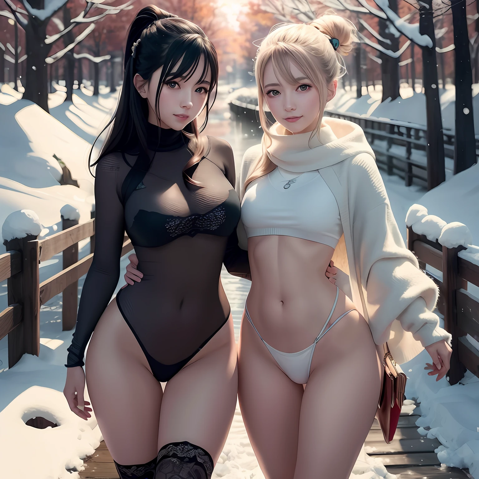 Two women in continuous suits pose in the snow near the bridge, WLOP and Sakimichan, Guviz-style artwork, trending on cgstation, wlop and ross thran, two beautiful anime girls, Anime girls, Loish et WLOP, thicc, Guviz, sakimichan and frank franzzeta