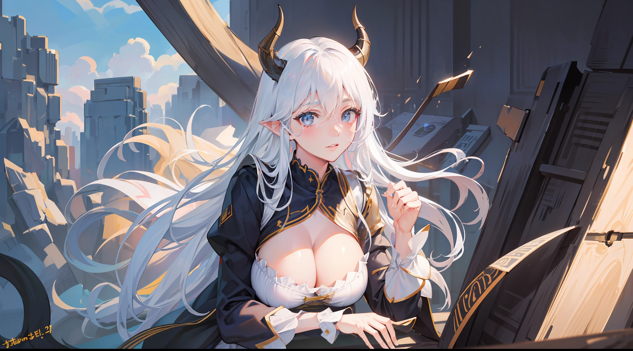 (RAW photo, best quality, mastery:1.2), (realistic, photo-realistic:1.4),(masterpiece:1.4),(best quality:1.4),1girl, solo,  ??????? correct，Correct number of fingers，Cinematic lighting effects，Cinematic lighting effects，Contre-Jour，Super detailed face，detailed lips，Detailed eyes，Look square，looks into camera，（Two eyes with the same style，Eyes of the same size），二重まぶた，Larger breasts，（gigantic cleavage breasts，Bewitching body：1.2），white color hair，There are dragon horns on the head，