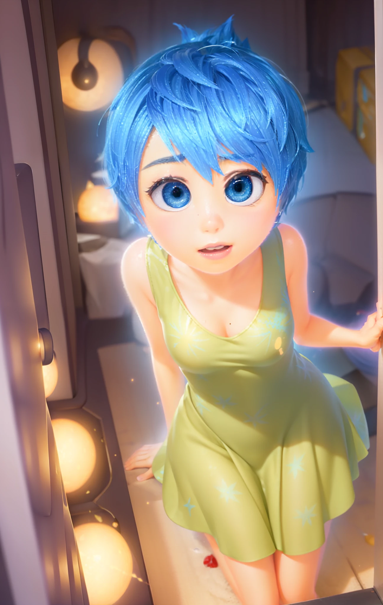 masterpiece, best quality, (Joy_InsideOut, yellow skin, ),  happy, green dress,  pixar, cartoon, 3d render, Loli, (Naked:1.4),  (Blushing:1.0), Detailed Face, Roadside, POV crouching, sfw,  (((joying_Inside out, yellow skin, blue eyes, blue pixie cut hair))), Happy, (((sleeveless lime green dress speckled with firework-style flowers print that goes to the knees))), Pixar, cartoony, 3D Rendering, small breasts, bare footed, Sunlight, (parted lips:1.4), (nose blush:1.2), foreshortening, blackcutoffs, (eye contact), high contrast, ultra high res, high resolution, detailed, breasts visible, Showing breasts, (cinematic lighting), ((high-angle view)), (half body shadow), [backlighting], [crepuscular ray], [detailed ambient light], [gray natural lighting], [ambient light on the belly], (higher wildlife feral detail), [explict content], [sharp focus], (questionable content), (shaded), Commission for High Res, detailed image, bright colors, detailed face, perfect lighting, perfect shadows, perfect eyes, girl focus, flawless face, gorgeous body, shiny body, center focus, gaze at the viewer, 1girl, solo, (masterpiece:1.21), (best quality:1.2), (illustration:1.2), (cinematic lighting:1.3), balanced coloring, global illumination, ray tracing, good lighting, cleavage, attractive body, sexy body, looking at viewer, SFW, portrait, happy expression, (((headquarters from inside out background, overall of purple hues interior, walls with numerous shelves with glowing spheres)))