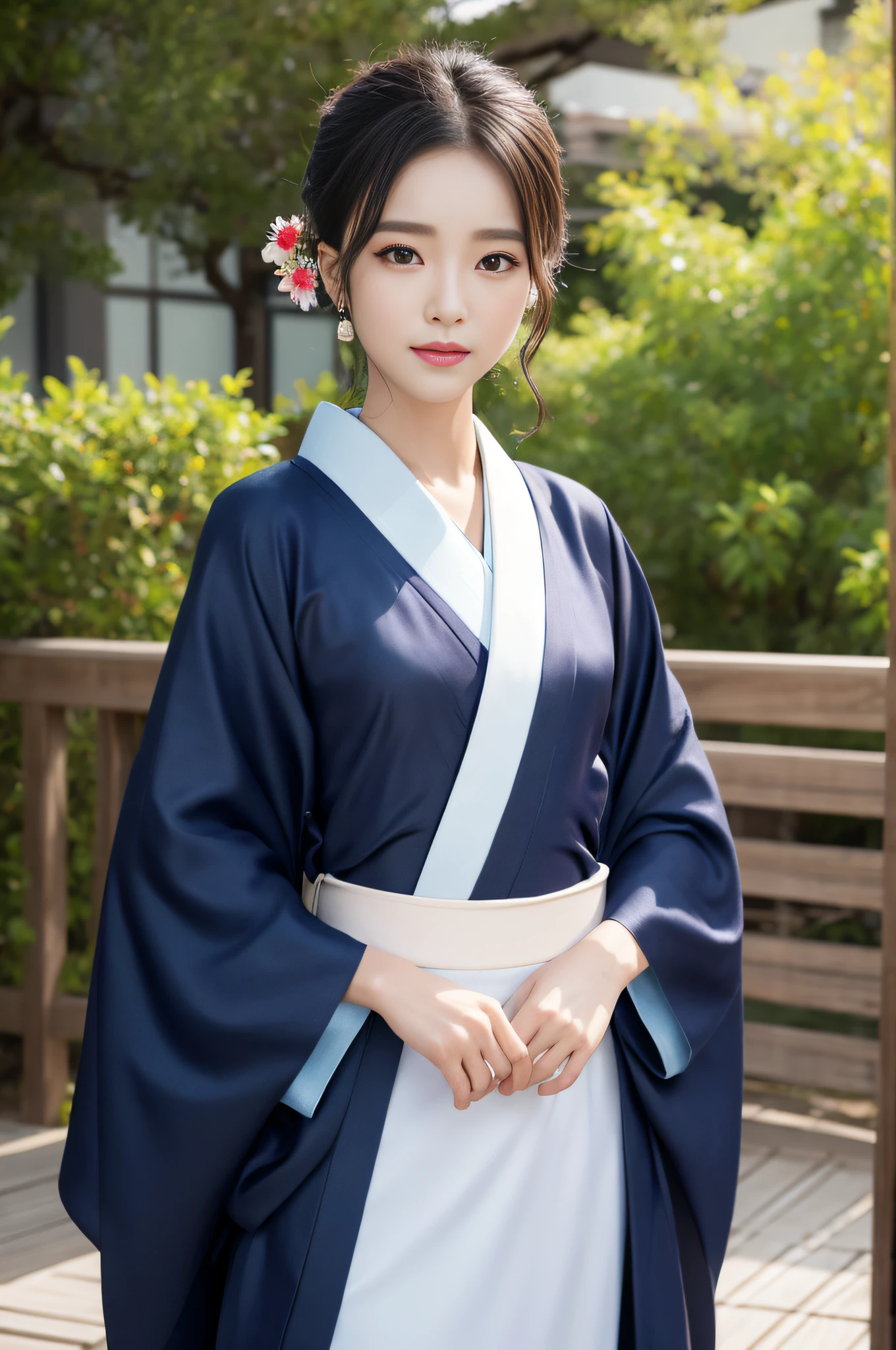 ((top-quality、8k masterpieces:1.3))、foco nítido:1.2、(ultra beautiful faces:1.0)、(Slender Abs Beauty:1.0)、(shinny skin:1.0)、photos realistic、A dark-haired、Video Lighting、High-definition eyes and face、Video Lighting、(cowboy shot:1.3)、(Kimono、Hakama、Obi:1.4)、(Korean Cute Actress)、Traditional kimono、from the front side、medium large breasts、A slight smile