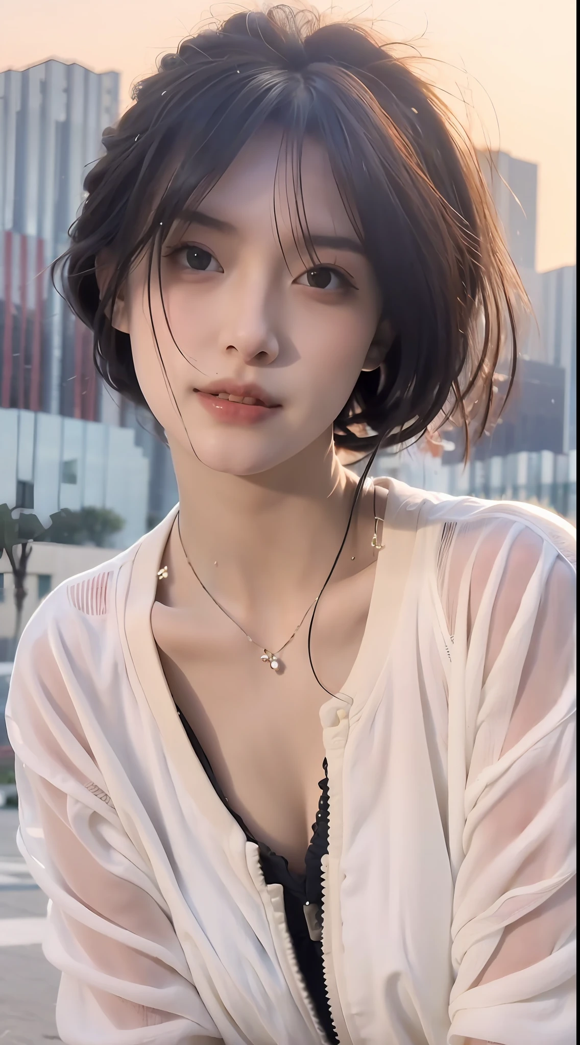 random pose, mix4,(8k, RAW photo, best quality, masterpiece:1.2), (realistic, photo-realistic:1.37),1girl,cute,cityscape, night, rain, wet, professional lighting, photon mapping, radiosity, physically Based on rendering, gradient black hair, white hair, short curly hair, handsome, girl, white ball suit, superb quality, high resolution, 1080p, (clear face), (detailed facial description), (detailed hand description ),(masterpiece),(exquisite CG),extreme light and shadow,messy hair,masterwork,rich details,(exquisite facial features),(highest quality),(masterpiece),(delicate eyes),looking forward to your eyes,exquisite clavicle