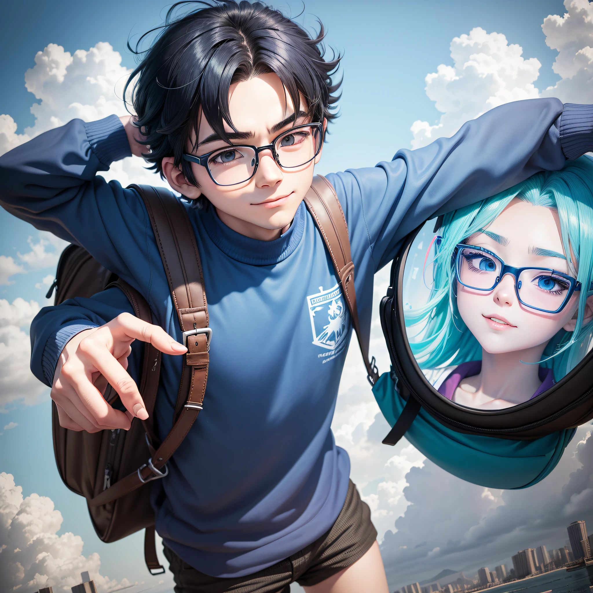 A cartoon boy with glasses and a backpack,And a little playfulness,Bring blue gradient glasses,There is a dull hair on the top of the head,The corners of his mouth turned up slightly and smiled,The eyes are shining,is themed in the style of the anime Q version,Drawn in the style of Kentaro Miura manga art,It is presented in the form of an anime-style portrait with a large head,A 2D portrait showing the art style of anime,Creates a 2D anime style feeling。 --auto