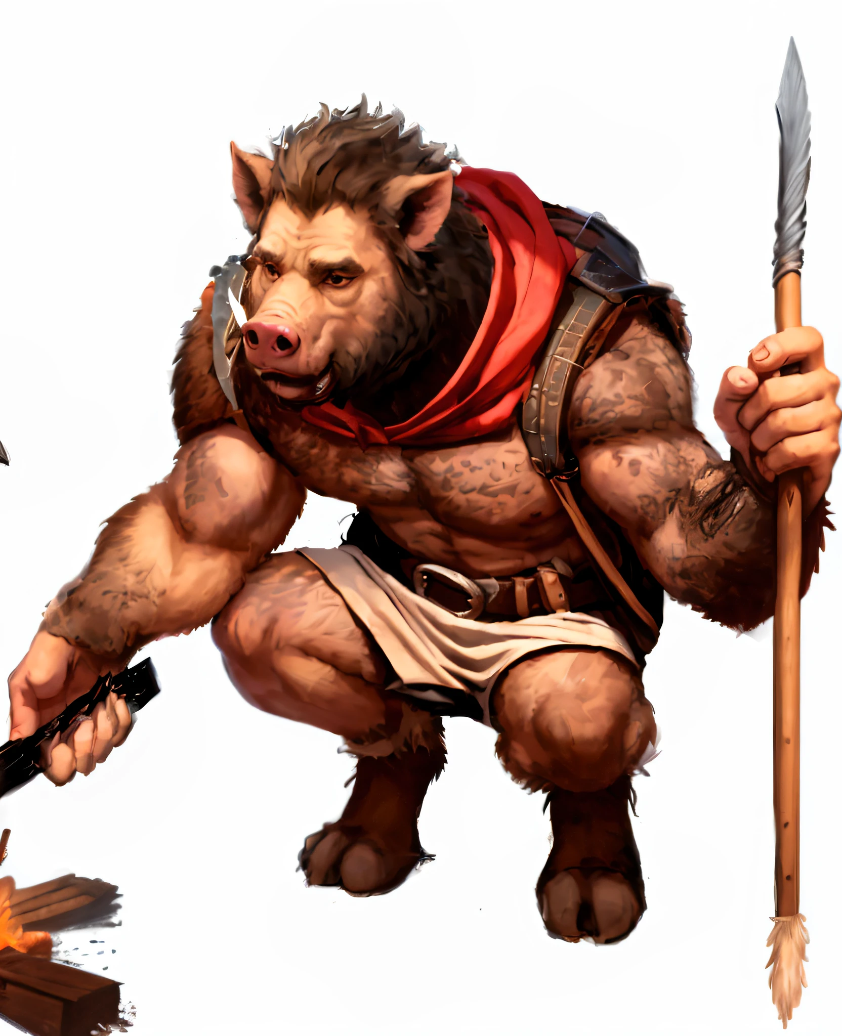anthropomorphic hairy boar, criaturas de fantasia, Pig-wild-human hybrids, Mythical boar beasts, porco-orc, anthropomorphic pigs, Wild tribes of the Nordic forest, humanoides semelhantes a porcos usando mochila grande, Seres aprisionados, fantasia, RPG, Corpos cobertos de peles, presas parecidas com javalis, focinhos e presas, Tribal markings, Culturas guerreiras, roupas de RPG medievais, armadura de couro, roupas robustas, Traje de Aventureiro, Mochilas grandes, Pulseiras e fivelas de couro, Bainhas de armas, hunting spears, Armamento primitivo, tribal hunting tools, Accessories for small hunters, Malotes e sacolas, Utility belts, Medieval Norse aesthetics, Designs inspirados em vikings, Nordic runes and symbols, Longboats and Sea Travel, paisagens nevadas, Fiordes gelados, terrenos acidentados, Mitos e lendas antigas, Epic sagas