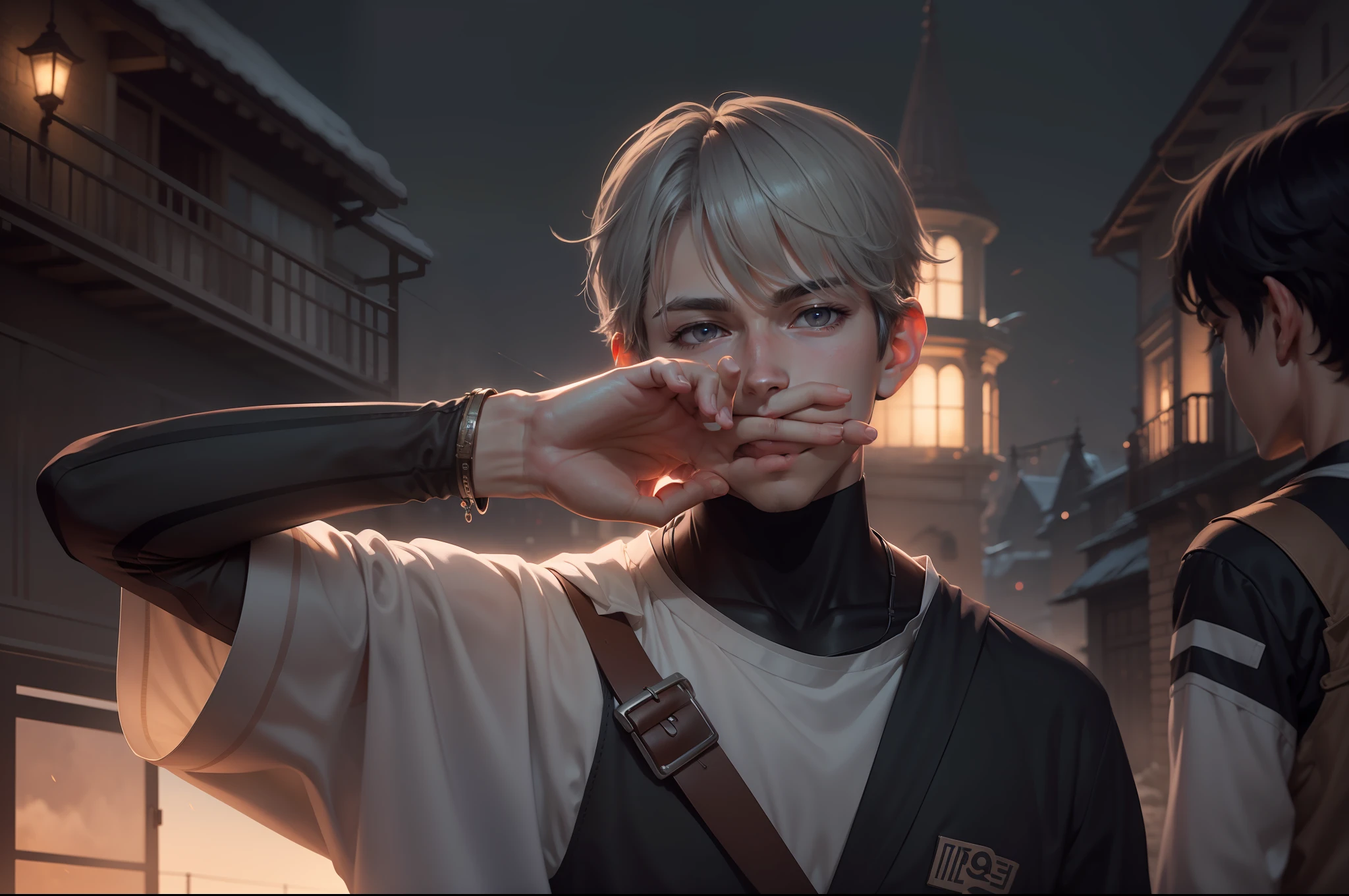 hyper HD,top Quority,8k wallpaper,Ghibli movie scenes,Dreamy and Delicate,Unique illustration,Clear details,Wide field of view,Artistic landscape,Soft light and shadow,Handsome boy,Anime male protagonist,20yr old,Flowing gray hair,no facial hair。