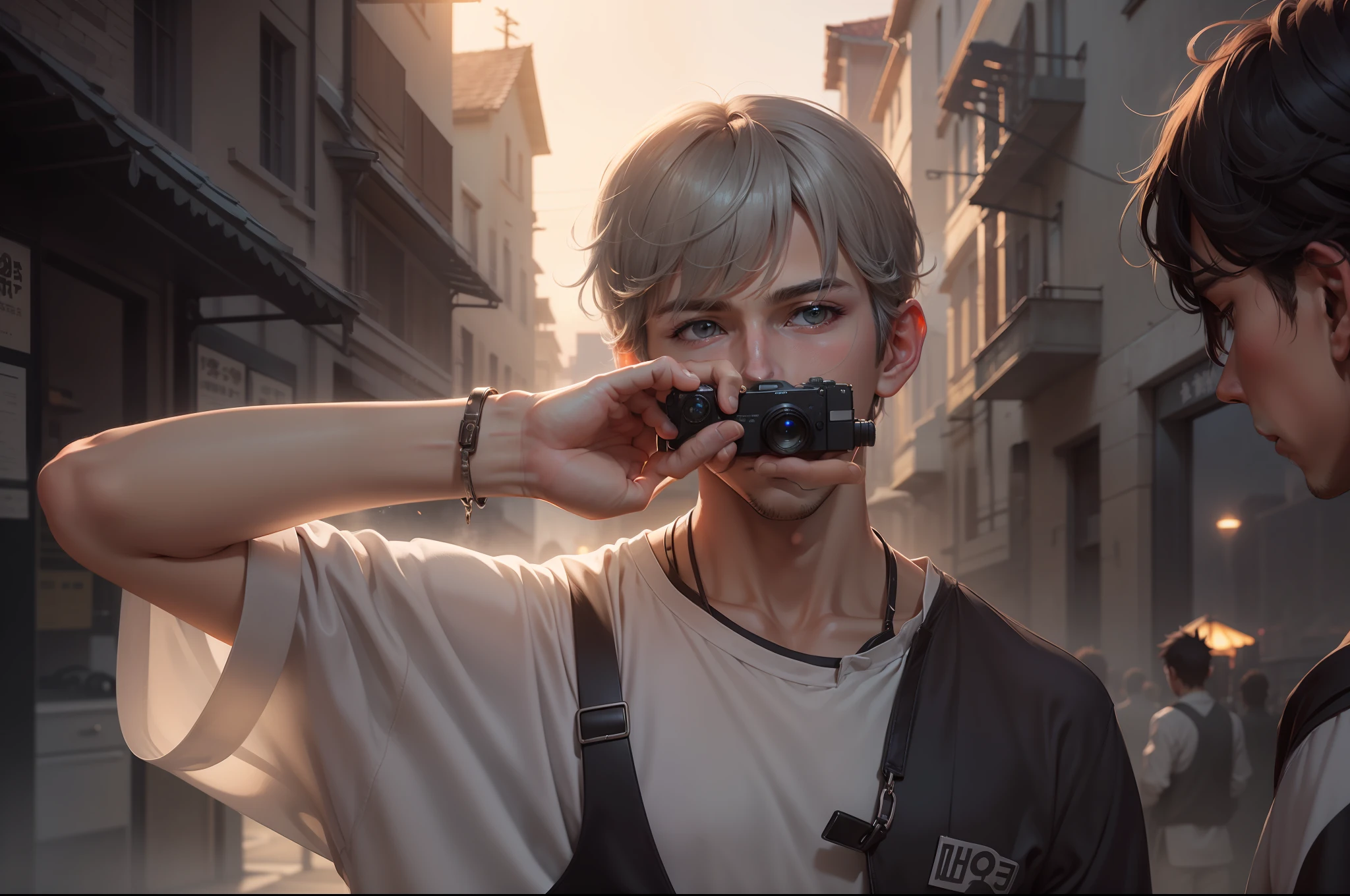 hyper HD，top Quority，8k wallpaper，Ghibli movie scenes，Dreamy and Delicate，Unique illustration，Clear details，Wide field of view，Artistic landscape，Soft light and shadow，Handsome boy，Anime male protagonist，20yr old，Flowing gray hair，no facial hair。