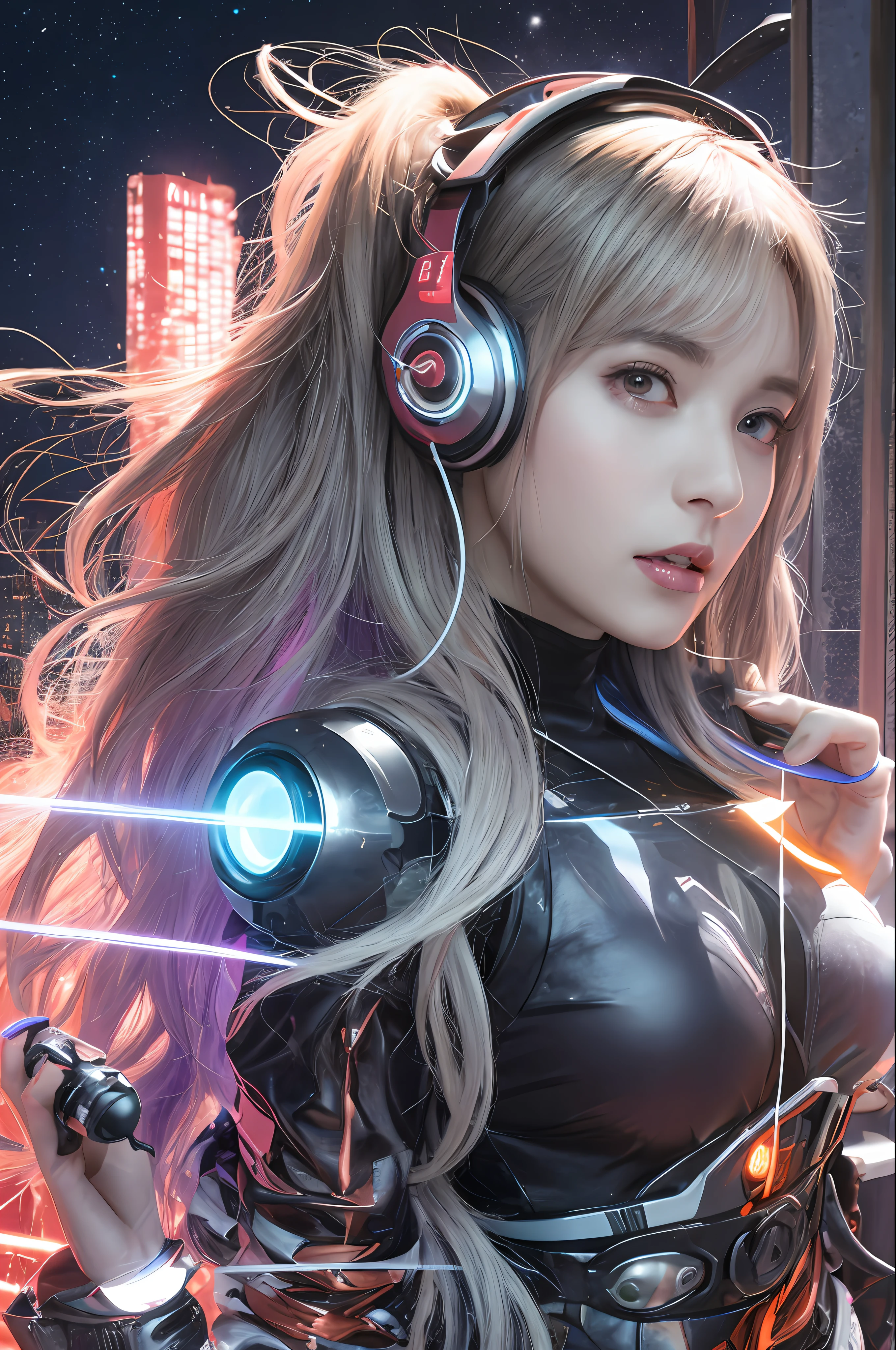 1 girl, white and orange, White Plastic Cyber Huncredi、Colossal tits、The cleavage is visible、 mech body、Gothloli details、Dynamic Pose, glowing headphone, glowing hair accessories, Long hair, glowing earrings, glowing necklace, long straight hair flying messy,a purple eye、 Silver hair, Mechanical body, Hydraulic cylinder、Luminous tube、Glowing LEDs、Futuristic headset、High-tech City, Full of mechanical and futuristic elements, A futuristic, Technology, glowing neon, orange, Orange Light, laser, digital background city sky, Big Moon, Best Quality, masutepiece, 8K, character edge light, Super High Detail, High quality, the most beautiful woman in human beings, background many advertising light boxes