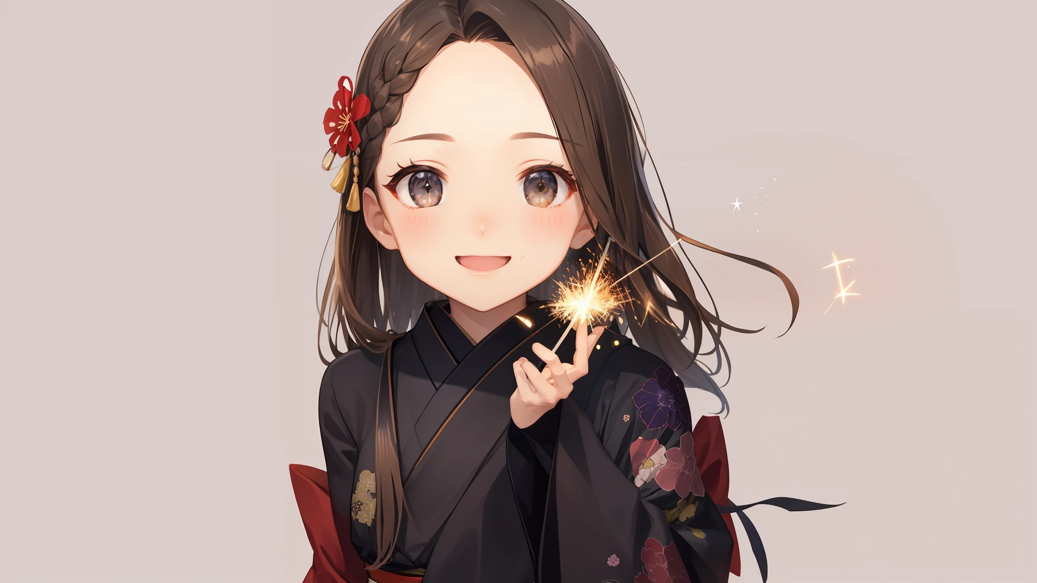 The long-haired、Watame kimono、with floral pattern、Red kimono、sash、flower in hair、、Hats、natta、matsuri、sparklers、A smile、is standing、cowboy shot、Ash brown hair、grey eyes