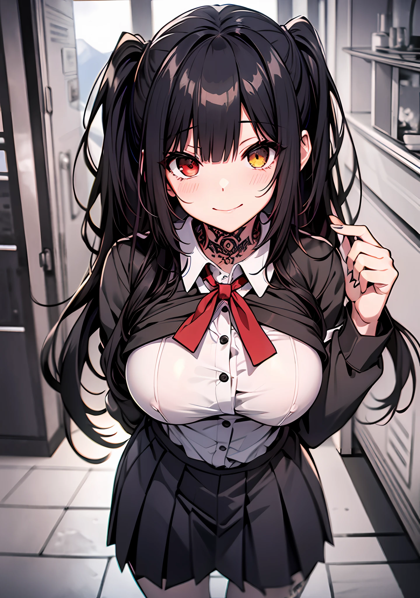 Masterpiece, high quality, ultra quality, best lighting, 1girl, ((tokisaki kurumi)), tokisaki kurumi, long hair, black hair, low twintails, monochrome, ((right red eye:1, left yellow eye:1)), black school uniform, ((black school uniform)), ((big breast)), ((big thigh)), smile, blush, cute face, ((gesugao face)), standing, sexy body, sexy, tattooed full body, looking at viewer, large the breast, nsfw, (((mountain)))