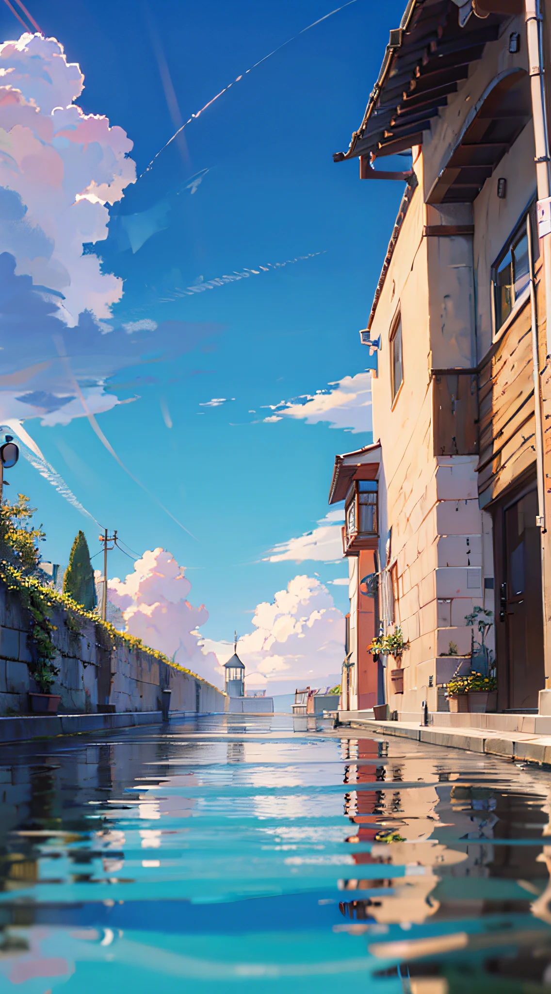 scenecy， vanishing point， from below， tmasterpiece， best qualtiy， 8K， waterface， 夏天， mid day， rays of sunshine， blue-sky， ssee-through， depth of fields， A high resolution， finedetail， ultra - detailed， Sharp focus