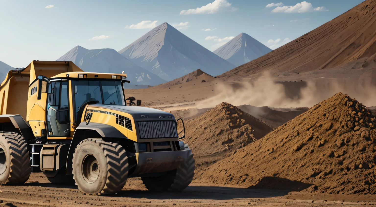 an Quority（Skinny Asian middle-aged man 30 years old，short detailed hair，A bit of a short beard，bronze skin，Gray shabby shirt，denim pant，cloth shoes，full bodyesbian，4K HD 8K）Come to the earthmoving site ，The background is a muck transporter transporting soil at an earthwork site --auto