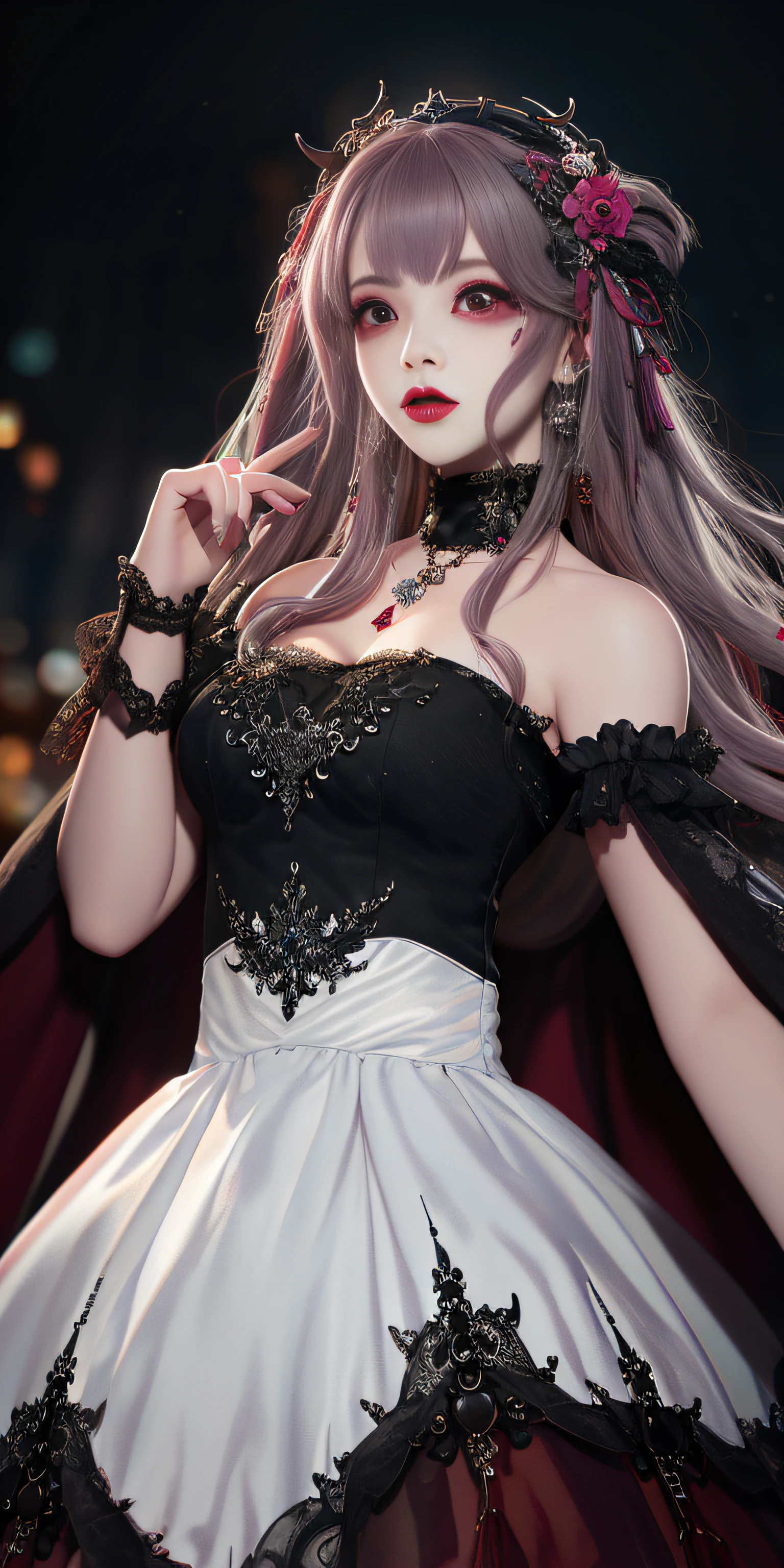 Best Quality, masutepiece, hight resolution, 1girl in, Hanfu, white and even teeth, Red irises, chinese underwear, Hair ornaments, Necklace, Jewelry, crown jewelry. Pretty Face, Upper body, Magic Import Style, Tindall Effect, photographrealistic, Dark Studio, border light, two tone light, (High Detail Skin: 1.2), 8K UHD, Digital SLR , Soft light, High quality, Volumetric Lights, Candid, Photo , High resolution, 4K, 8K, Bokeh, (Light pink lips), 1 beautiful demon from hell, In the Dark: 1.6), Surreal portraits of women by David Hockney and Alphonse Mucha, Fantasy Art, Photorealism, Dynamic lighting, station art, poster for, Volumetric lighting, extra detailed face , Super 8K, Awarded, In the Dark, deepshadow, low illuminance, cowboy lens, (Red Phoenix Shirt: 1.4), Long hair, Black hair, Bust, luxury palace, Royal style family, devil's crown, Red eyes with very sharp and detailed makeup, best faces, Very round and tight breasts, Surreal, chinese women's clothes, turtleneck polo lace top, Charming smile, Beautiful eye makeup, guweiz, devil style, Black lace stockings, ponytail with a bow at the back, dark red lips, Demons tattoo on shoulder, wearing a nightgown thin lace deep slit chest red black, lace cape, overcast and thundering landscape, (Portrait), Protagonist Close-up, (Background detail 1.8),