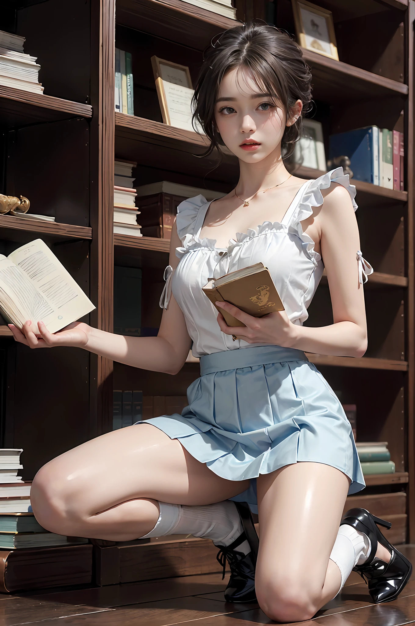 (hi-top fade:1.3)、Subdued Color、(natural skin textures、Hyper-Realism、Soft light、Soft Diffuse Lighting)、1人の女性、(White blouse with ruffles、Blue skirt with ruffles、Wear white ankle socks、(Silk white ankle-length socks and black pumps), wavy gray-brown hair adorned with ribbons、((Getting down on one knee to pick up a book that fell on the floor in front of the bookshelf))、Peaceful atmosphere in the library、Library shelves full of books