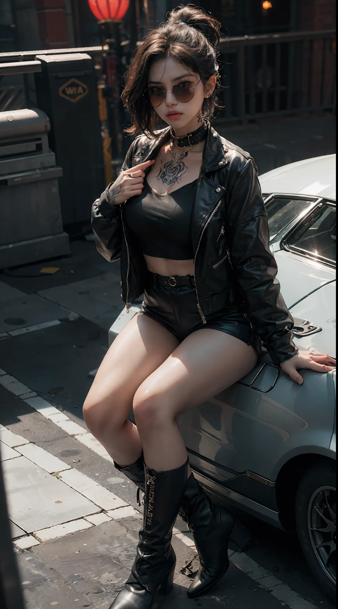 1girll, future warrior,cabelos preto e longos,flowy,crisp breasts,Beautiful thighs,Tattooed with,Chest bumps,Colored square sunglasses,Black tight-fitting one-piece leather jacket throughout,Black boots,There are round metal rings at the wrists and ankles,epcot,cyber punk perssonage,Detailed background,Clothing details,perfectly proportioned, Cinematic lighting, filmgrain, Fuji colors, lightand shade contrast, 8K, 巨作, Textured skin, Super detail, high detal, high qulity, A high resolution,