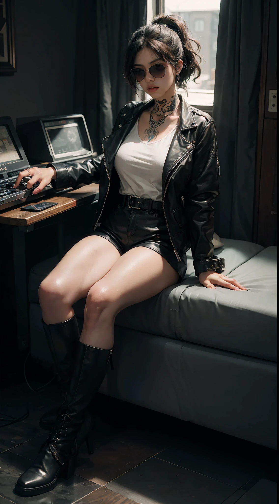 1girll, future warrior，cabelos preto e longos，flowy，crisp breasts，Beautiful thighs，Tattooed with，Chest bumps，Colored square sunglasses，Black tight-fitting one-piece leather jacket throughout，Black boots，There are round metal rings at the wrists and ankles，epcot，cyber punk perssonage，Detailed background，Clothing details，perfectly proportioned, Cinematic lighting, filmgrain, Fuji colors, lightand shade contrast, 8K, 巨作, Textured skin, Super detail, high detal, high qulity, A high resolution,