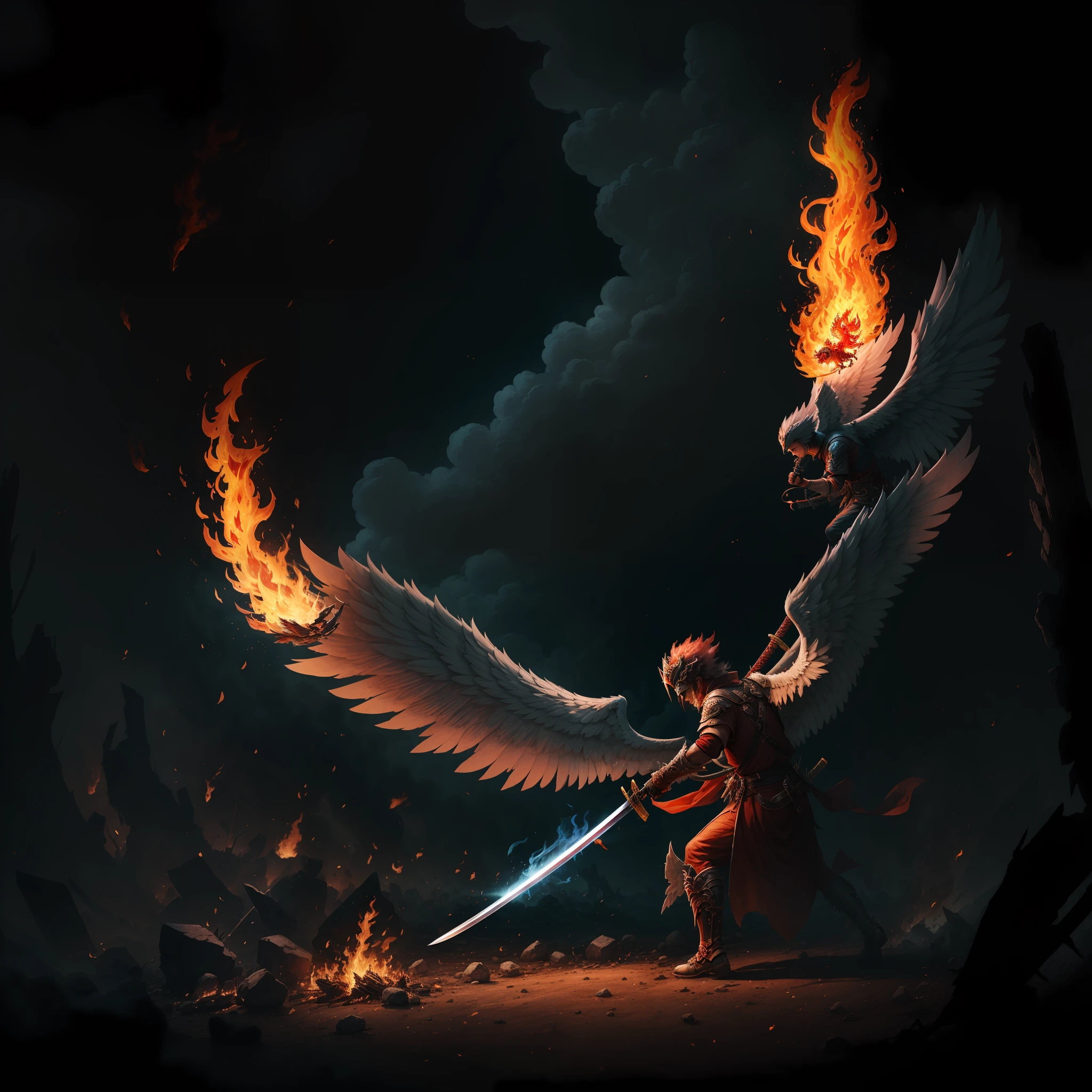 A corrupted archangel with a katana catching red fire coming out of the ground 4k --auto