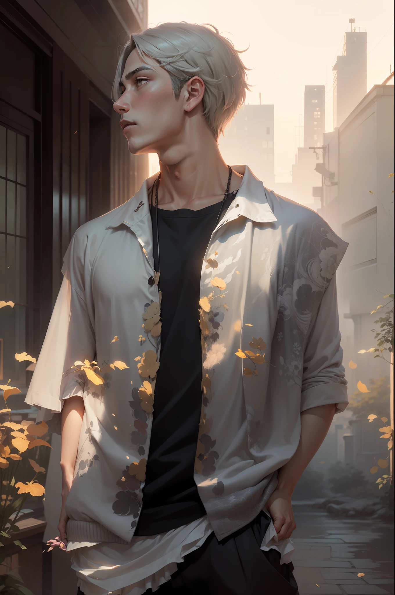 hyper HD，top Quority，8k wallpaper，Ghibli movie scenes，Dreamy and Delicate，Unique illustration，Clear details，Wide field of view，Artistic landscape，Soft light and shadow，Handsome boy，Anime male protagonist，20yr old，Flowing gray hair，no facial hair。