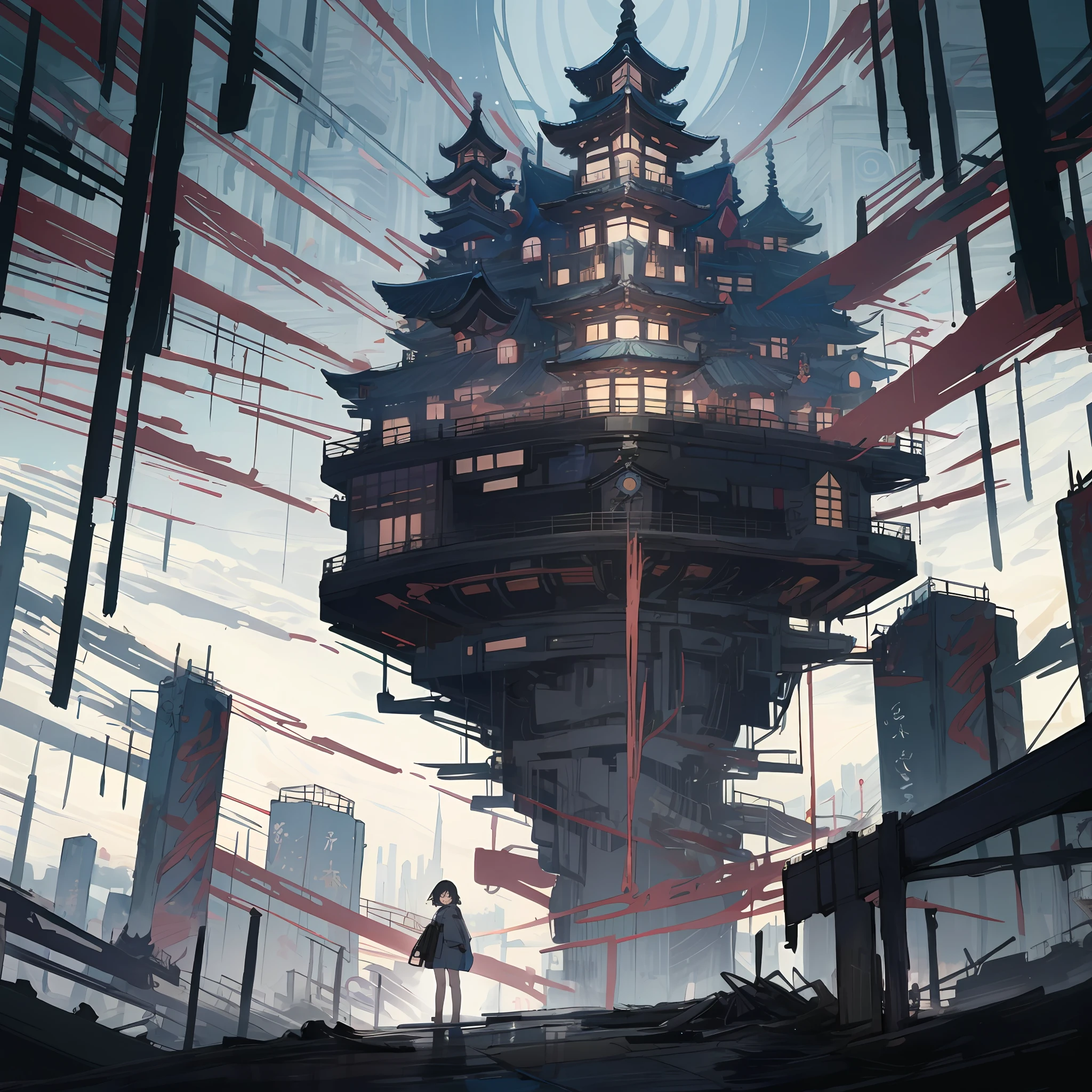 a woman standing in front of a giant building, psytrance artwork, light novel cover art, intricate and complex, dreamland, inspired by Maruyama Ōkyo, expansive detailed layered city, an young urban explorer woman