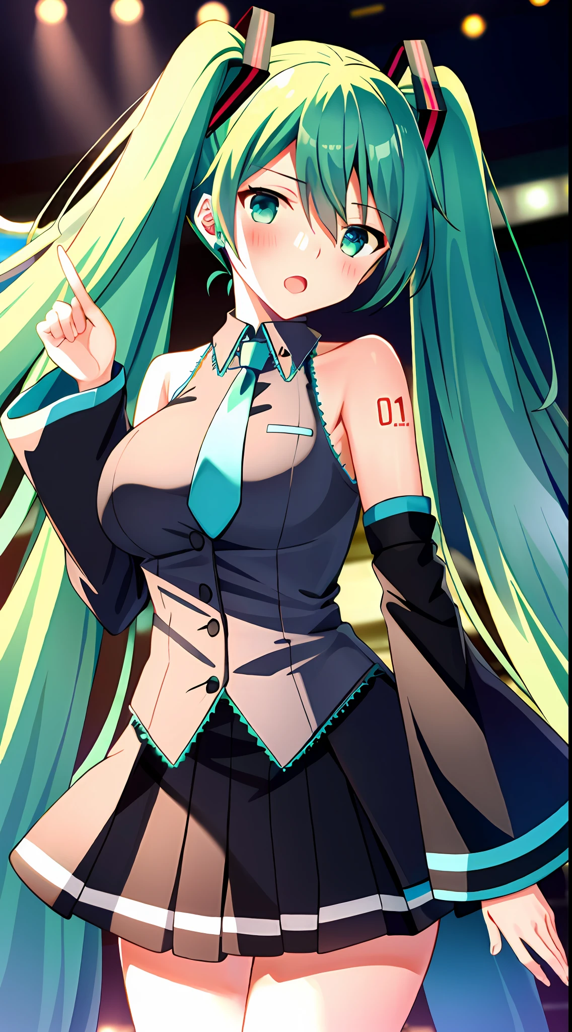 Big breasts Hatsune Miku，Electronic singer，Green green hair，bare shoulders​，a black skirt，black sleeve，Separate the sleeves，(White color blouse)，8K，A high resolution，perfect hand，Perfect Finger，Green eyes，Concert background，B cup