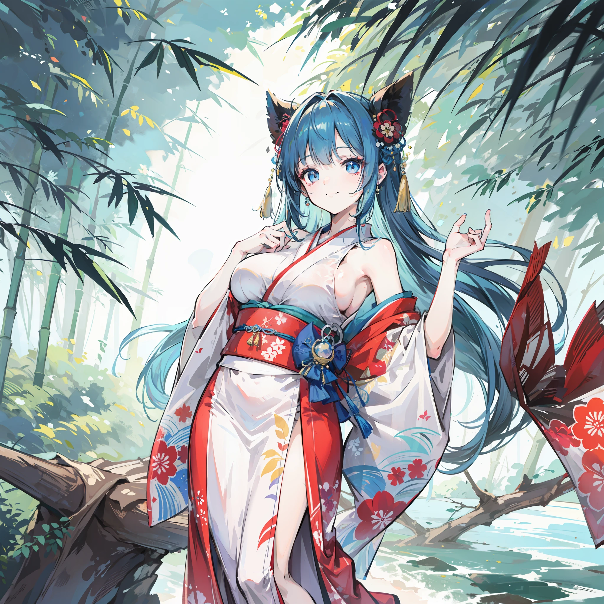 Highres, masterpiece, forest, river, bamboo, kimono, 1 girl, cute, 18 yo, blue hair, blue eye, big breast, little smile, body quality