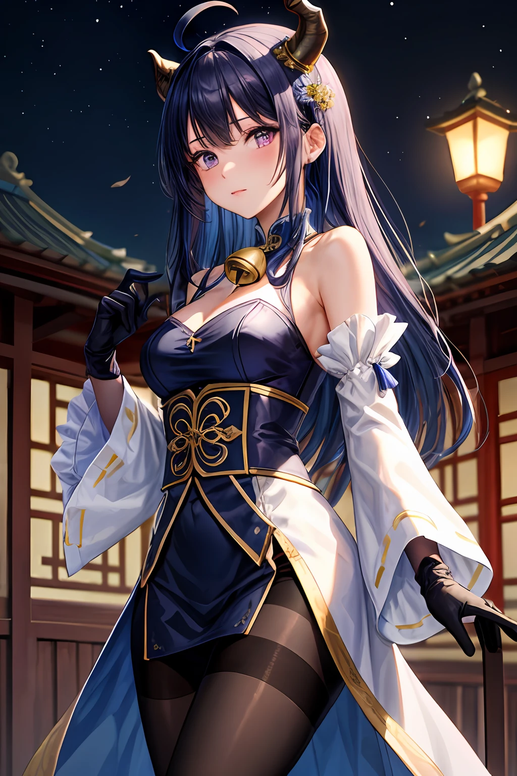 1girl, ahoge, architecture, bangs, bare shoulders, bell, black gloves, black pantyhose, ((blue hair)), blush, breasts, chinese knot, detached sleeves, east asian architecture, flower knot, gloves, horns, long hair, looking at viewer, medium breasts, neck bell, night, outdoors, pantyhose, purple eyes, sidelocks, solo, tassel, white sleeves, ((masterpiece))
