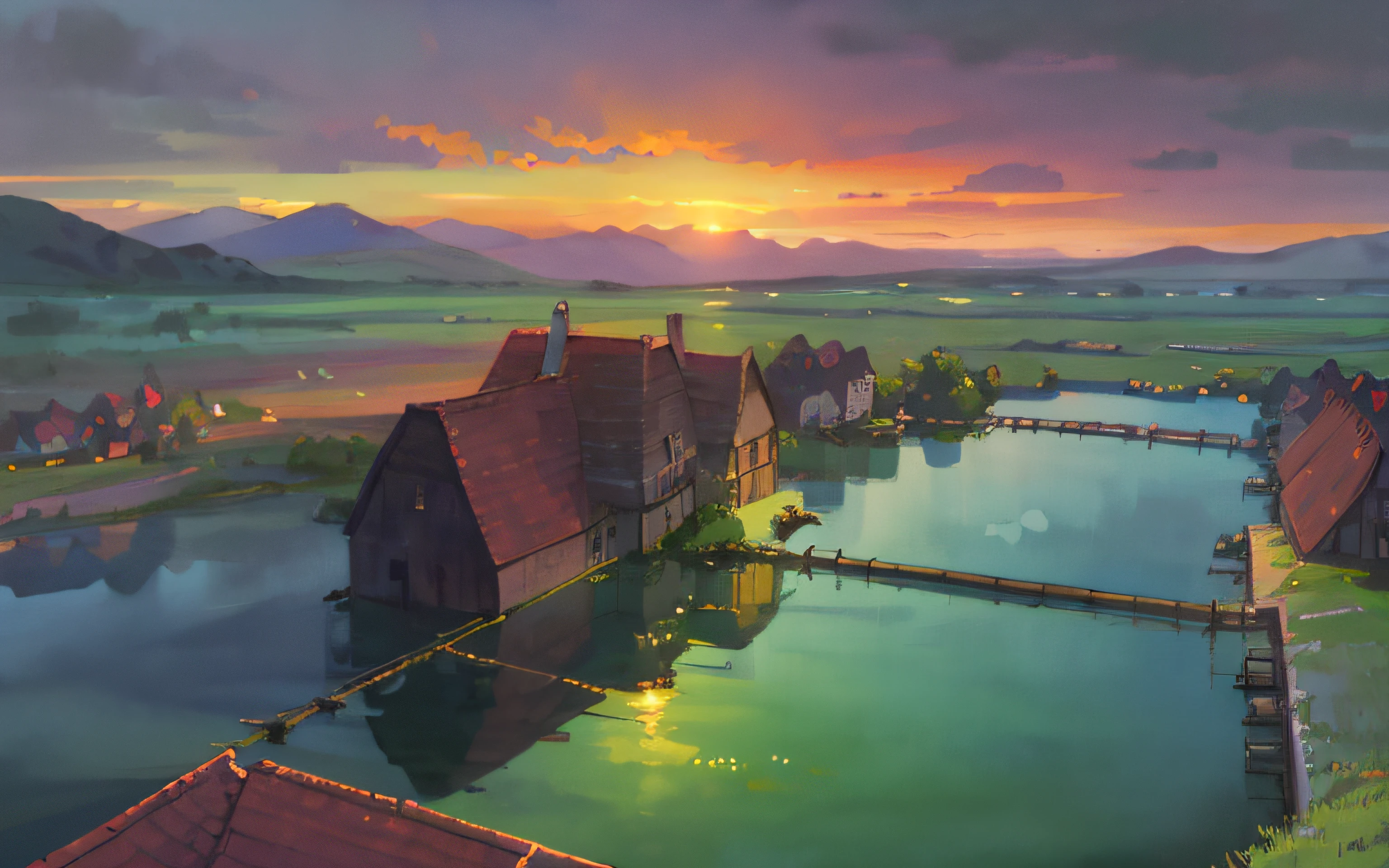 The vast sky, beautiful skyline, large grasslands, extremely tense and dramatic pictures, moving visual effects, the high-hanging Polaris, and colorful natural light. A country settlement in the distance stands on a river, water mill, medieval architecture, flooded meadows, oil painted sunset. (Highest Quality, Amazing Details:1.25), Brilliant Colorful Paintings