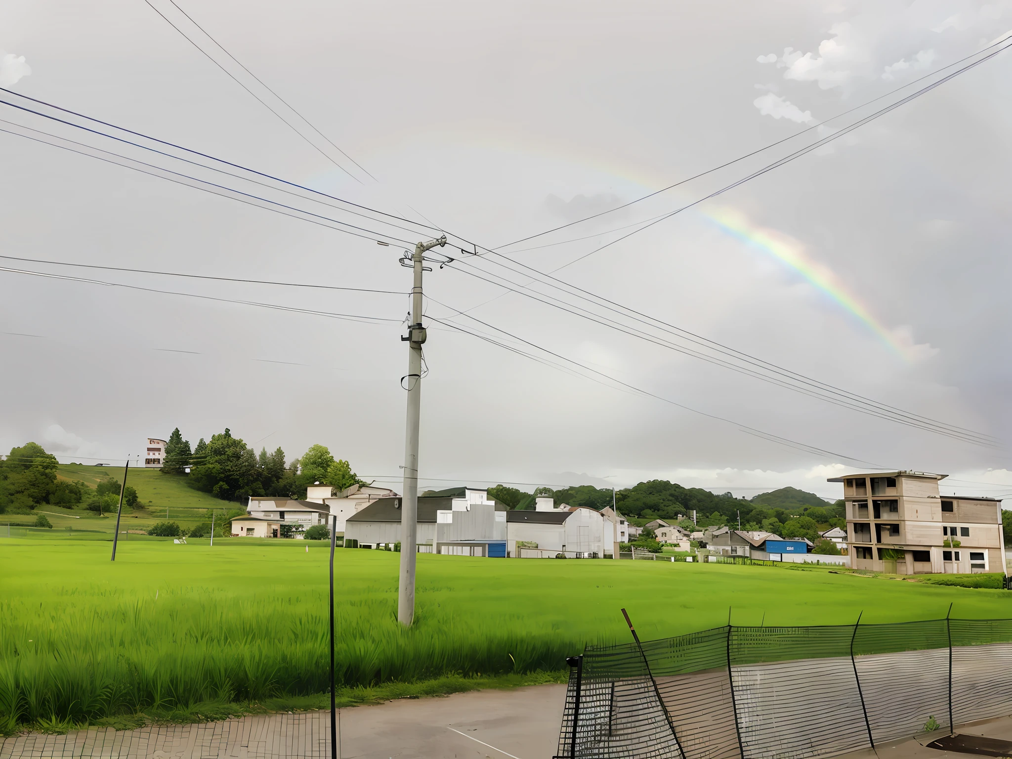 Rainbow view over fenced green field, grass field surrounding the city, grey skies with two rainbows, residential area, village in the background, Some houses in the background, rainbows in the background, day after raining, green fields in the background, wide angle photo, small town surrounding, Building in the distance