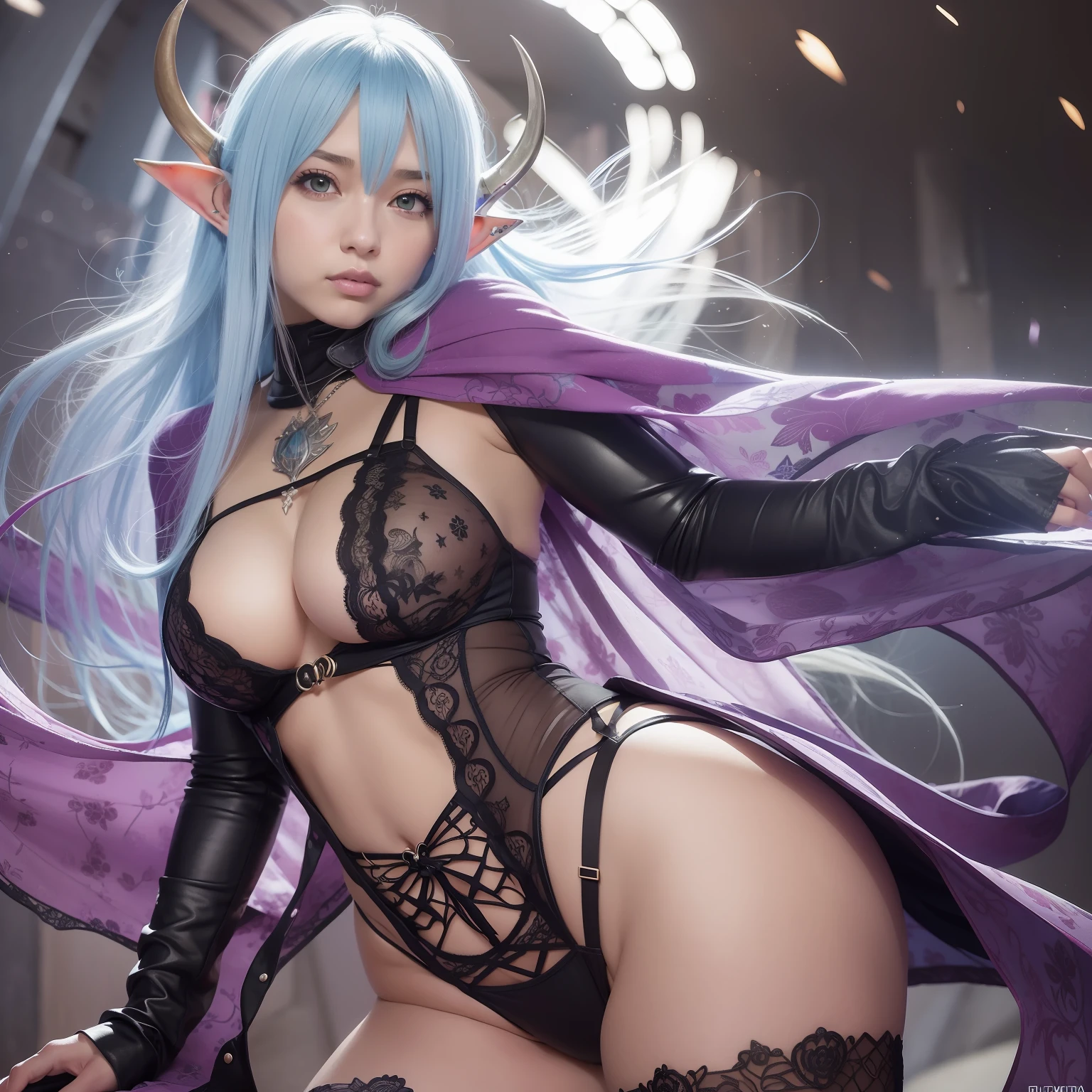 Un primer plano de una mujer con cabello azul, seductora chica, Hermosa chica de cabello azul, Artgerm extremadamente detallado, V de Devil May Cry As an Elf, Hermosa y seductora mujer de anime, Arte detallado de alta calidad 8K, pelaje azul, Altamente detallado y coloreado, Mejor valorado en Pixiv, por Kentaro Miura, | Anime de detalles finos hermosa hiperrealista acostada curvy