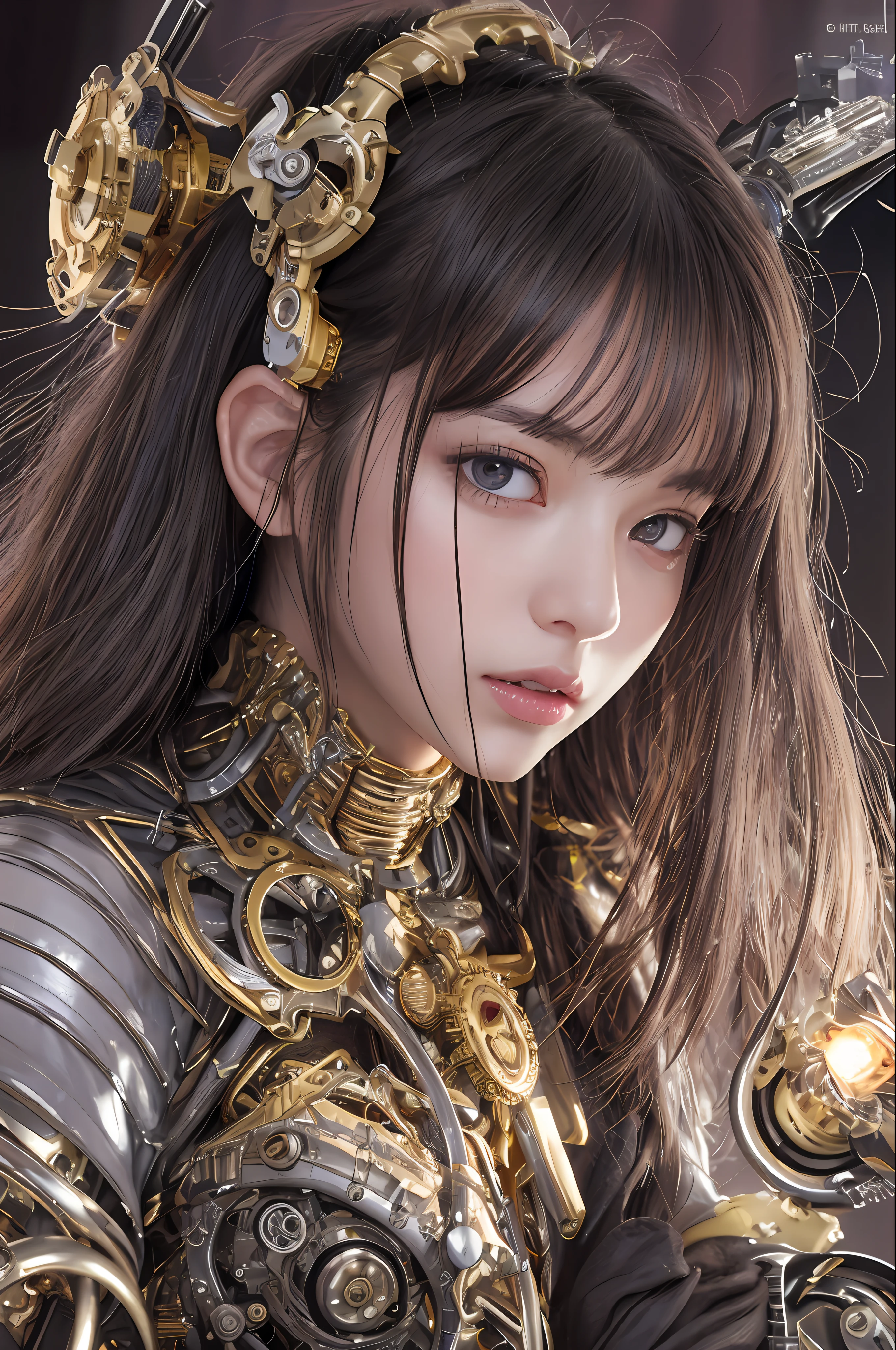 top-quality、masterpiece、超A high resolution、(Photorealsitic:1.4)、Raw photo、女の子1人、Black hair、glowy skin、1 Mechanical Girl、((super realistic details))、portlate、globalillumination、Shadow、octan render、8K、ultrasharp、character edge light,Colossal tits、Raw skin is exposed in cleavage、metals、Details of complex ornaments、Steampunk details、vacuum tubes、Nixie Kan、Oil pressure gauge、Glass Kan、Analog Meter、gear wheel、gear、Golden hydraulic cylinder、highly intricate detail、Realistic light、CGSoation Trends、a purple eye、radiant eyes、Facing the camera、neon details、Mechanical limbs、blood vessels connected to tubes、Mechanical vertebrae attached to the back、mechanical cervical attaching to neck、sitting on、Wires and cables connecting to the head、Evangelion details、Small LED lamp、