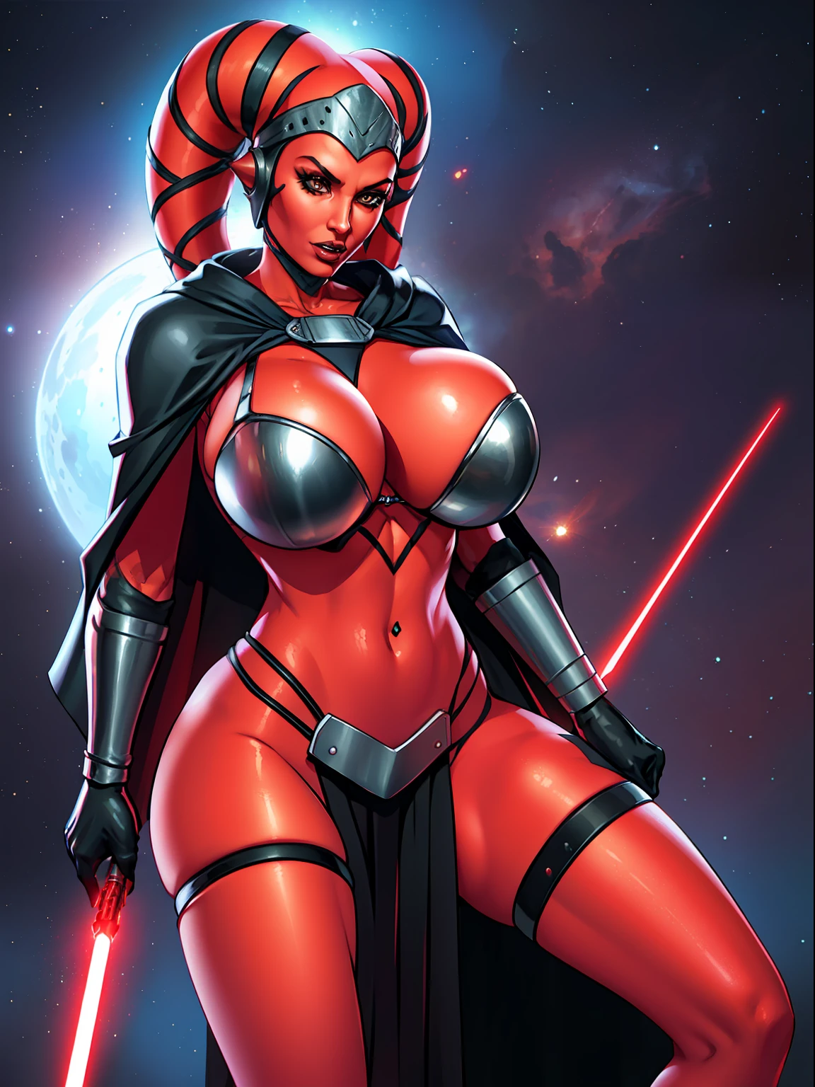 armor, busty, gigantic boobs, ((red skin), twi'lek), dual red lightsabers, evil space knight, space ninja, (wearing black robes, tunic, tabard, cowl, cloak, cape, body glove, straps, buckles, skirts, long sleeves, fantasy), ((busty), slender body, thin, slim sexy body, slim waist, long legs, toned legs, (((gigantic breasts)))), Imperial starship, Star Wars,