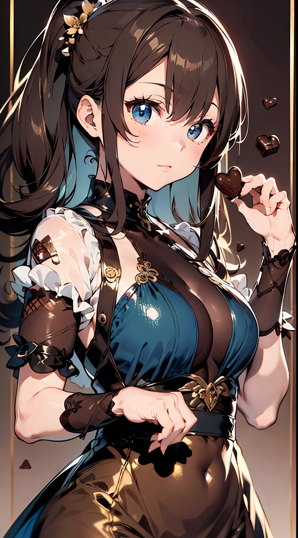 Brown hair:2.hair pulled back:2(((masutepiece))),((ultra-detailliert,Best Quality, hight resolution, 8K Wallpaper, Beautiful clothes,)),1 girl.eyeshadows, eye line,gloweyes,scoop、Gateau Chocolate Cake、Chocolate cream、Chocolate Hair Ornament、Wearing a brown party dress、Chocolate background、Cool