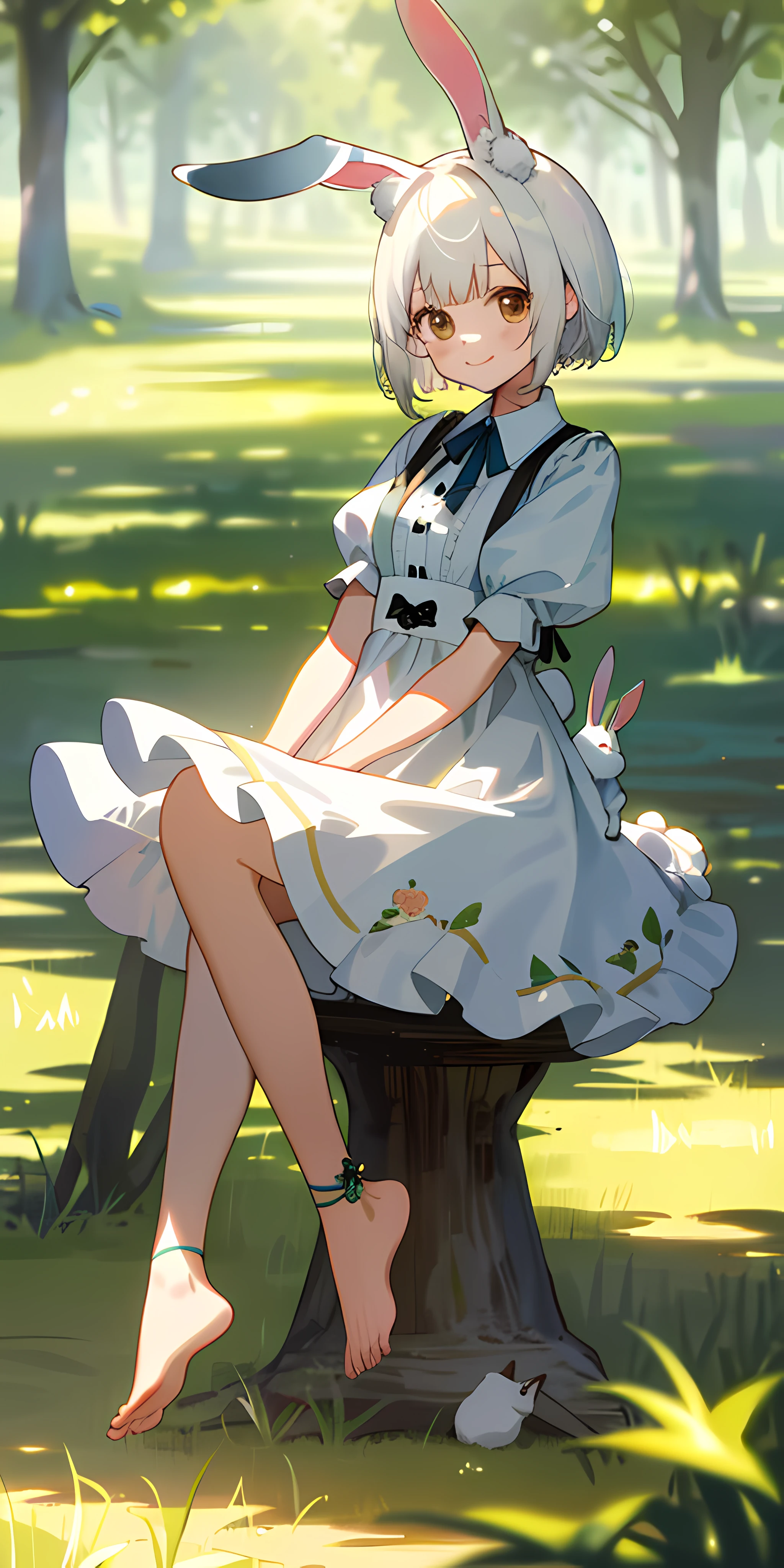 ((masterpiece,best quality)),1girl, solo, animal ears, rabbit, barefoot, knees up, dress, sitting, rabbit ears, short sleeves, looking at viewer, grass, short hair, smile, white hair, puffy sleeves, outdoors, puffy short sleeves, bangs, on ground, full body, animal, white dress, sunlight, brown eyes, dappled sunlight, day, depth of field