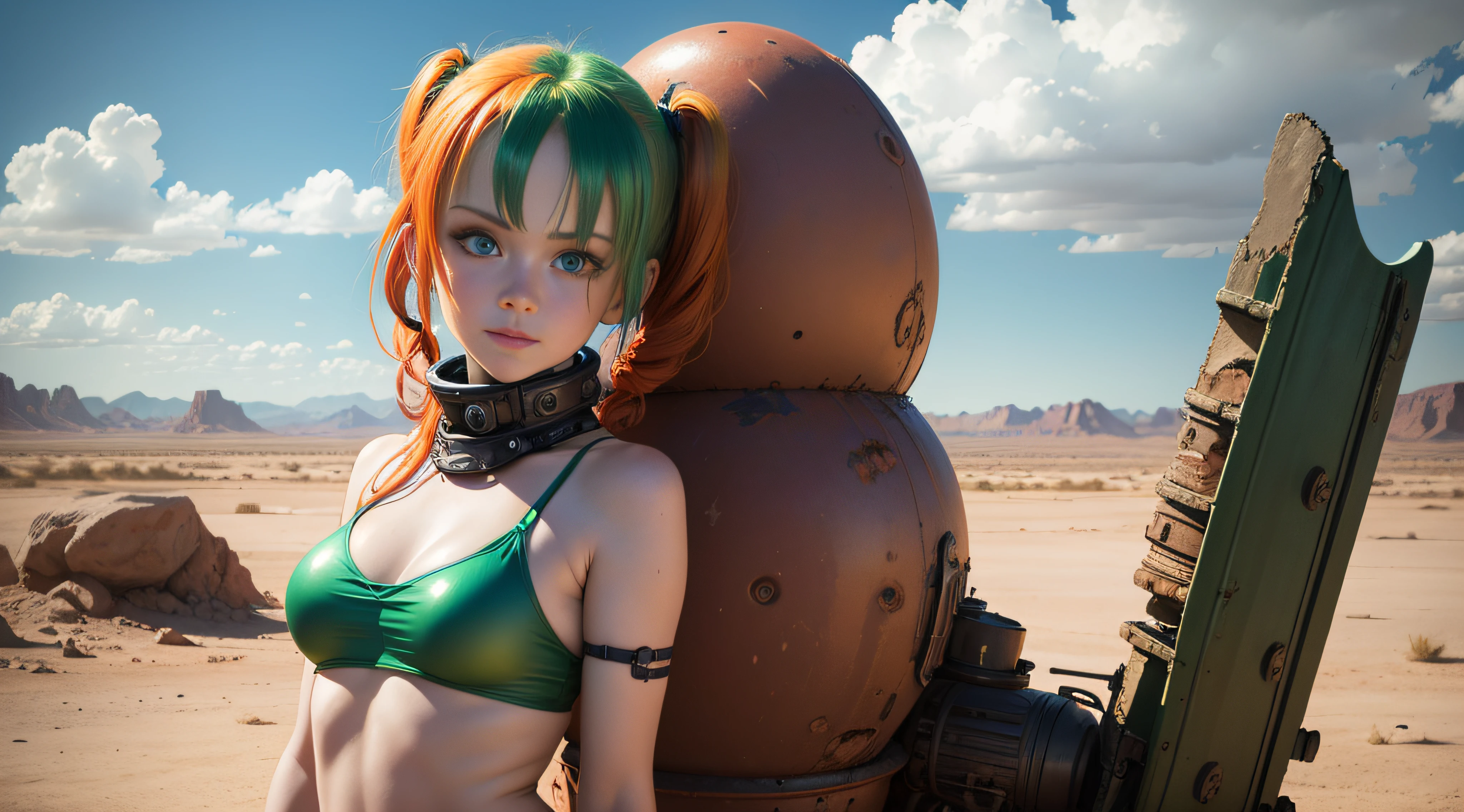 cute redhead woman in twin tails, multiple rainbow colored hair, sky-blue eyes, happy, Ukrainian, petite, pale skin, wearing a green metallic color bikini, post apocalyptic background, bleak barren desert, photo realistic woman. --auto