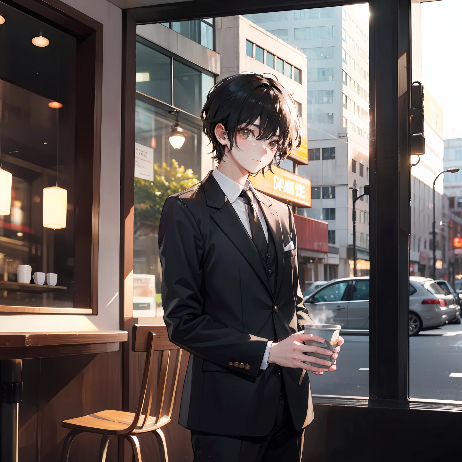 A boy，50yearsold，Three and seven points of short black hair，Brown eyes，dressed in a suit，Taste coffee at a coffee shop，He looked out the window with a blank expression