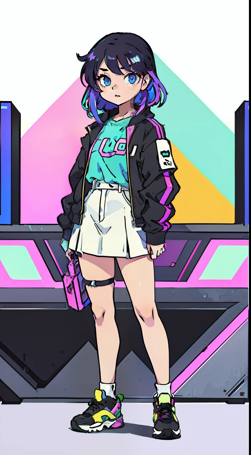 Simple shades, {{{{{{{{{{{{full bodyesbian}}}}}}}}}}}, simple clothes, simple clothes, animesque, Retro anime , beautiful girls face, Anime Girl, Girl aesthetics, The aesthetics of anime in the 90s, digital anime, Beautiful cute lighting, Looking at Viewer, Full body, The aesthetics of vaporwave, 64 pixel art, Pixel art, Streetwear Design, Pixel 64-bit style, Full Design, Only 6 colors, solid color, No shadows, Full Design, neon color, Bright colors, Galactic Environment, in 8K, colorful lighting, Fancy, Cute, {{{{Bob Hair}}}}, neon light, hair between eye, Colored inner hair, youthfulness, , big eye, neon color, It features a simple, anime cyberpunk, Black outline, No outlines in the eyes, {{{{Clothes are monochromatic}}}}, The shirt, Clothes in as simple a shade as possible, White background, Attractive woman, Semi-gure, AS-Adult