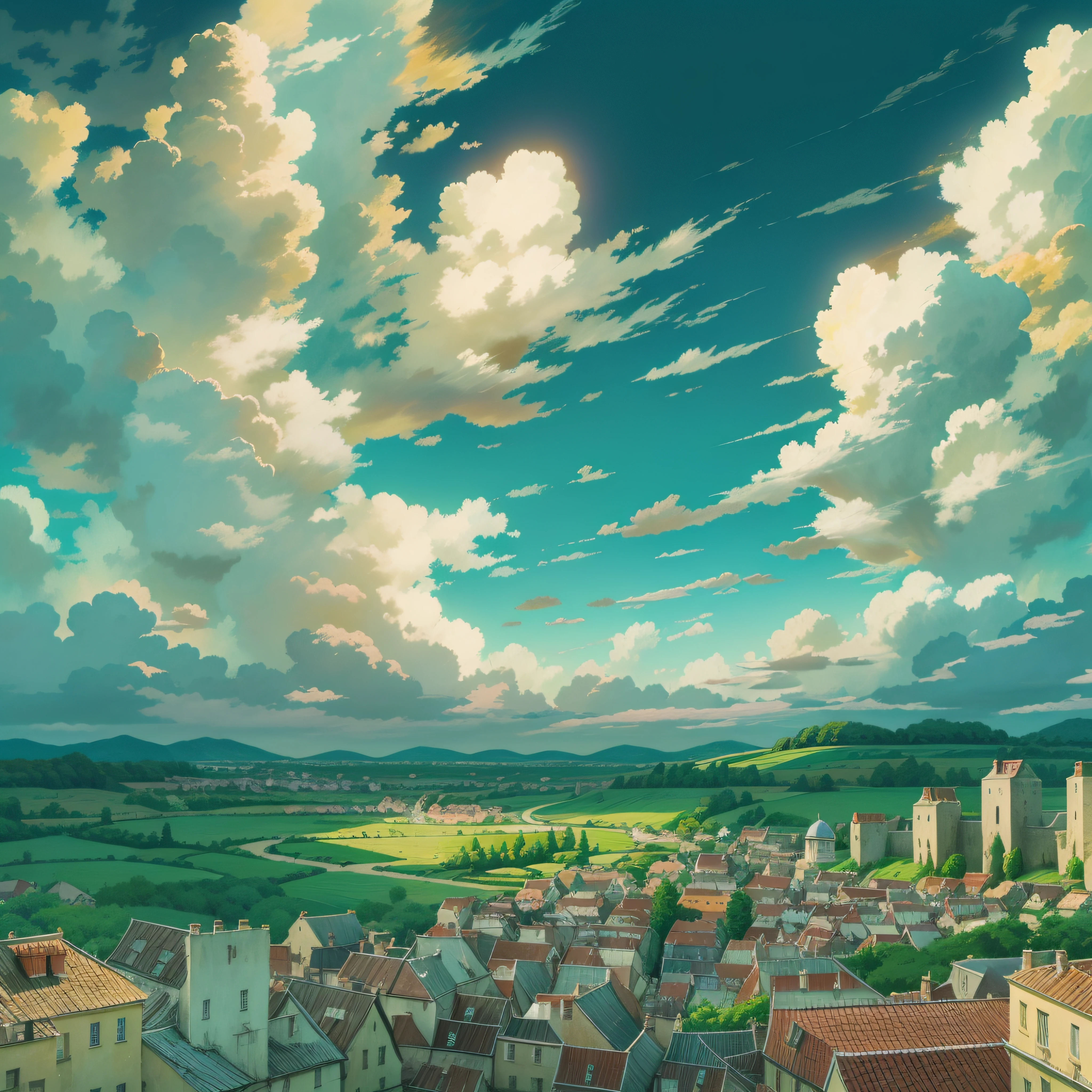 animesque、Skyscape with clouds、Landscape without buildings、You can see the touch of the brush、Studio Ghibli、Ghibli、Scenery、Style、Golden Time、sky line、The sky is covered with clouds、The light is sparkling