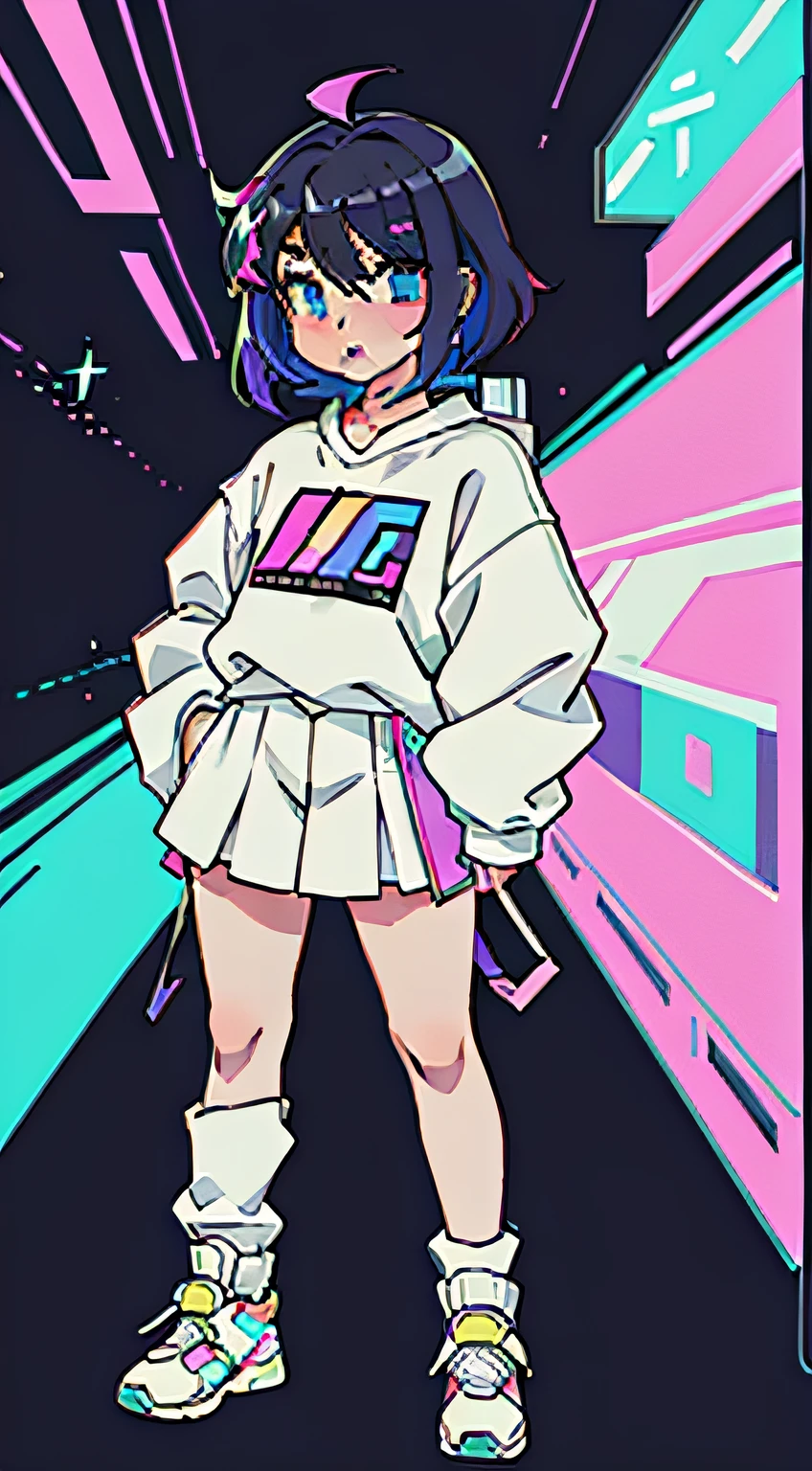 Simple shades, {{{{{{{{{{{{full bodyesbian}}}}}}}}}}}, simple clothes, simple clothes, animesque, Retro anime , beautiful girls face, Anime Girl, Girl aesthetics, The aesthetics of anime in the 90s, digital anime, Beautiful cute lighting, Looking at Viewer, Full body, The aesthetics of vaporwave, 64 pixel art, Pixel art, Streetwear Design, Pixel 64-bit style, Full Design, Only 6 colors, solid color, No shadows, Full Design, neon color, Bright colors, Galactic Environment, in 8K, colorful lighting, Fancy, Cute, {{{{Bob Hair}}}}, neon light, hair between eye, Colored inner hair, youthfulness, Teen, big eye, neon color, It features a simple, anime cyberpunk, Black outline, No outlines in the eyes, {{{{Clothes are monochromatic}}}}, The shirt, Clothes in as simple a shade as possible, White background, Attractive woman, Semi-gure, AS-Adult