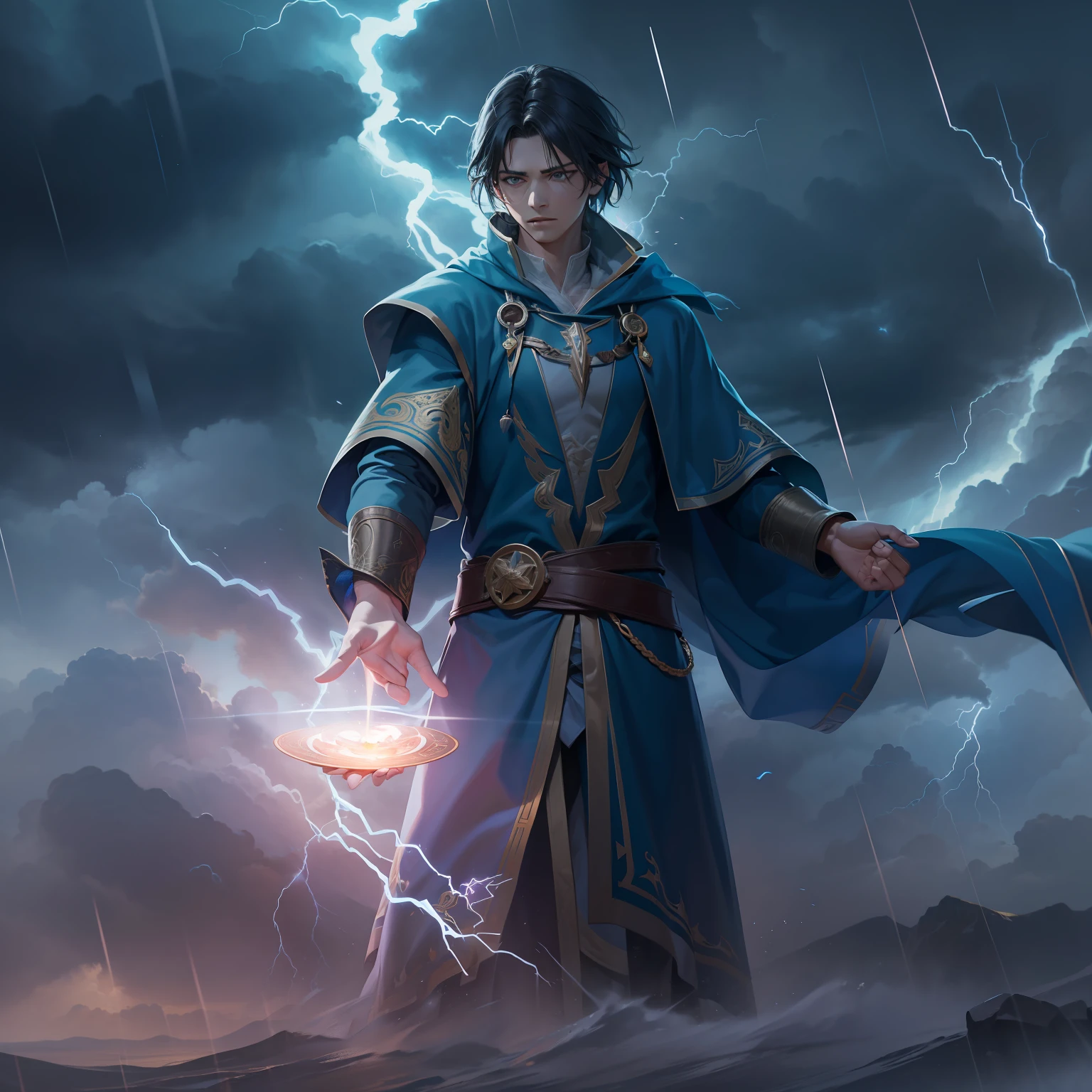 In a mystical realm, a tall, young male wizard in an indigo robet stands at the heart of a magical storm they conjured to protect innocent villagers. The mage, a young adult with a determined expression, wears robes adorned with symbols of their magical prowess. The storm rages around them, with lightning crackling and winds swirling. The photorealistic image captures the intensity of the moment, showcasing the mage's talents and passion for safeguarding others. As the storm dissipates, a stroke of luck guides them toward even greater feats of heroism. The image is a digital photograph, taken with a 135mm+ lens, highlighting the mage's presence amid the powerful storm, and using high-resolution techniques to portray the dynamic elements of the magical tempest."