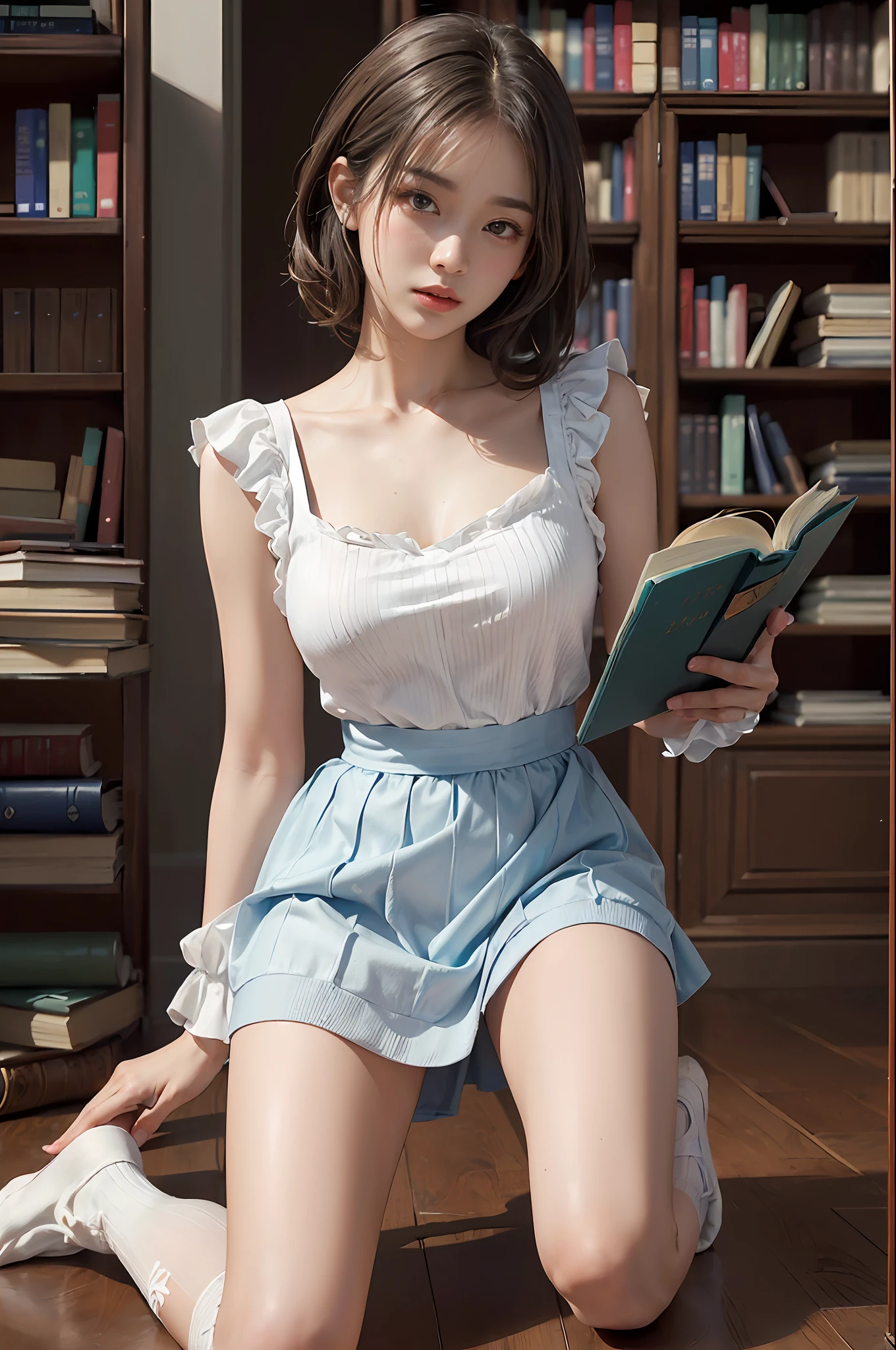 (hi-top fade:1.3)、Subdued Color、(natural skin textures、Hyper-Realism、Soft light、Soft Diffuse Lighting)、1人の女性、(White blouse with ruffles、Blue skirt with ruffles、Wear white ankle socks、(Silk white ankle-length socks and black pumps), wavy gray-brown hair adorned with ribbons、((Getting down on one knee to pick up a book that fell on the floor in front of the bookshelf))、Peaceful atmosphere in the library、Library shelves full of books